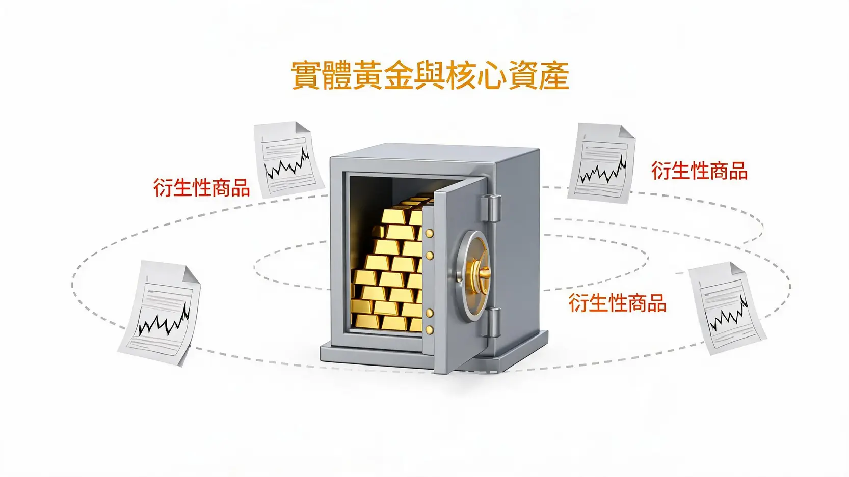 黃金白銀雪崩危機?揭秘貴金屬槓桿爆倉風險與防禦指南 實體黃金與衍生性商品的虛實資產配置示意圖