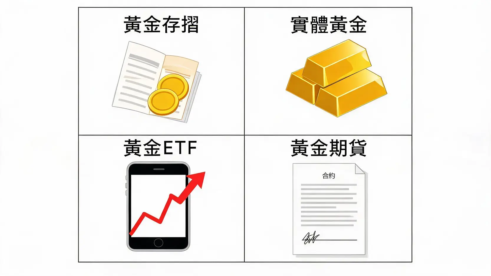 2026黃金投資全攻略:即時金價查詢、黃金存摺開戶與走勢分析 4大熱門黃金投資工具比較圖