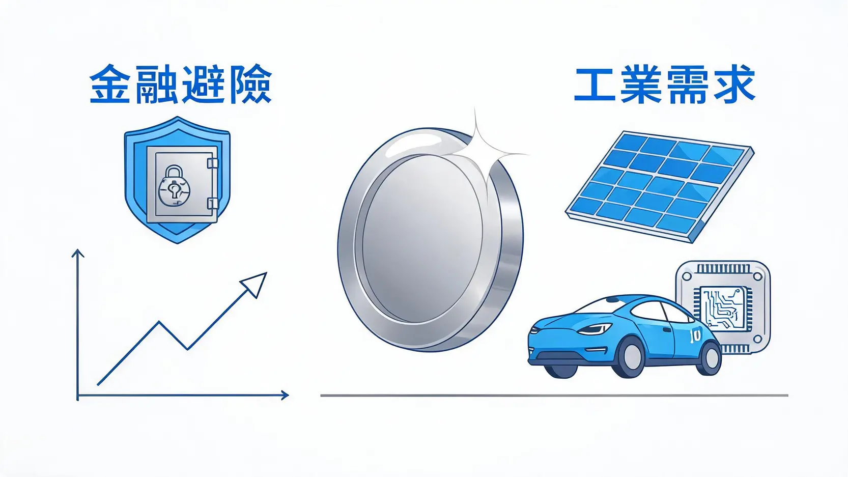 2026白銀投資全攻略:白銀價格走勢分析與5大投資管道完整比較 白銀的雙重價值:金融避險與工業需求示意圖