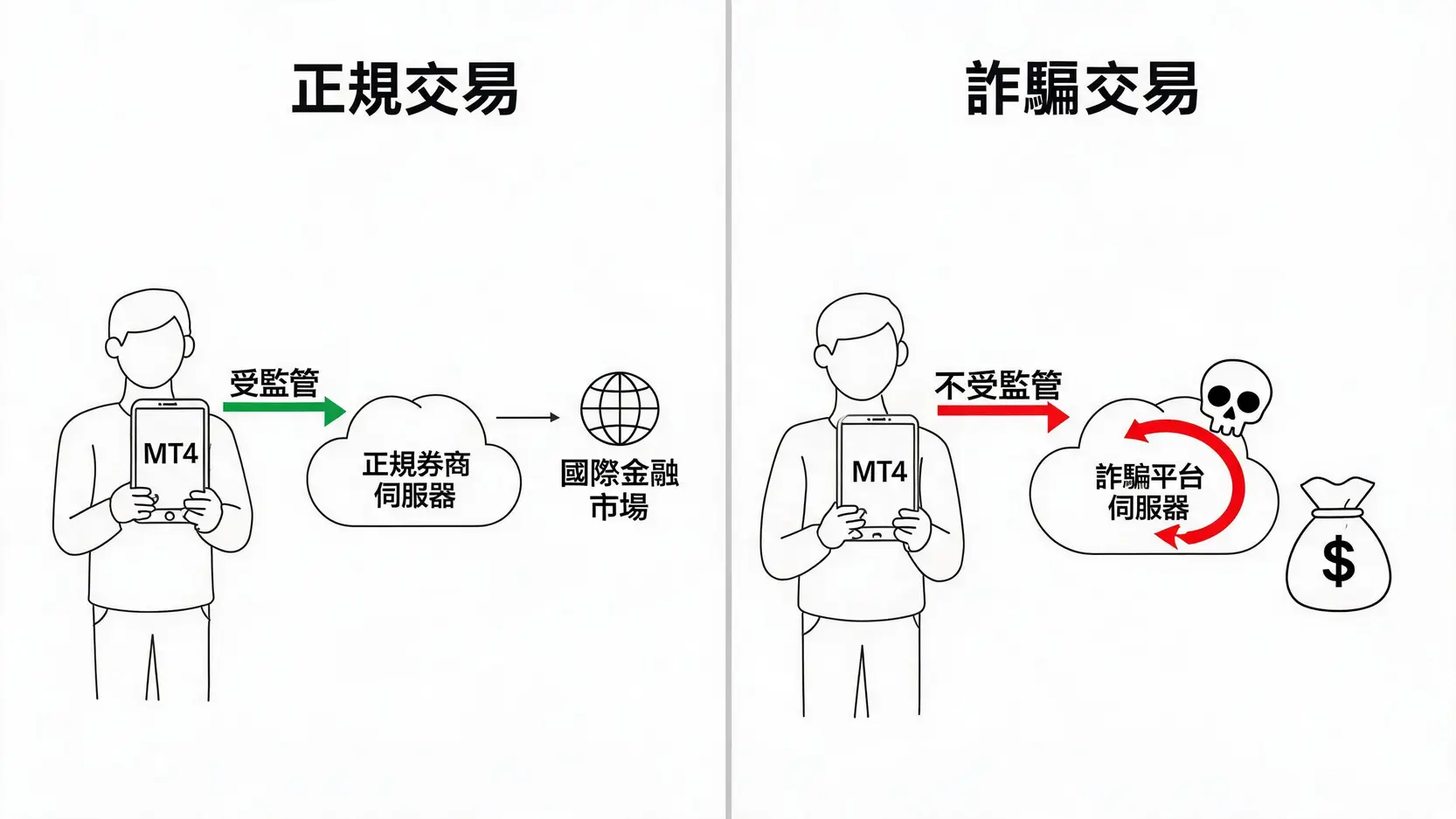 MT4是什麼?揭秘5大詐騙手法與7個安全檢查點,防範黑平台 一張概念圖,對比正規MT4交易與詐騙MT4交易的路徑。正規交易連接到受監管的券商並進入真實市場;詐騙交易則導入一個不受監管的封閉伺服器。