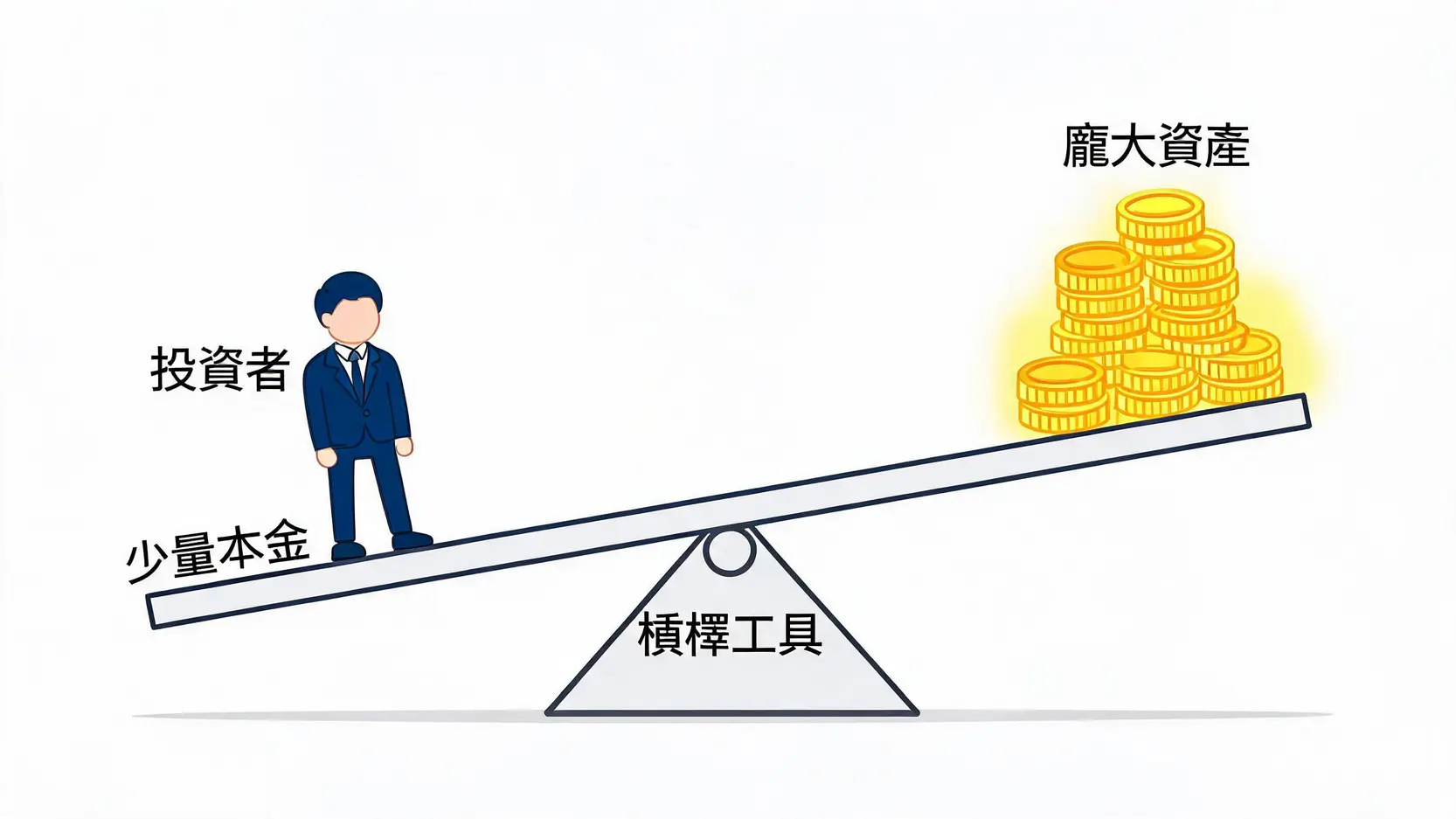 槓桿投資方法完全指南:新手必懂4大工具、風險與安全守則 一張說明槓桿投資原理的示意圖,一個小人使用蹺蹺板輕鬆翹起一大堆金幣,象徵以小博大。