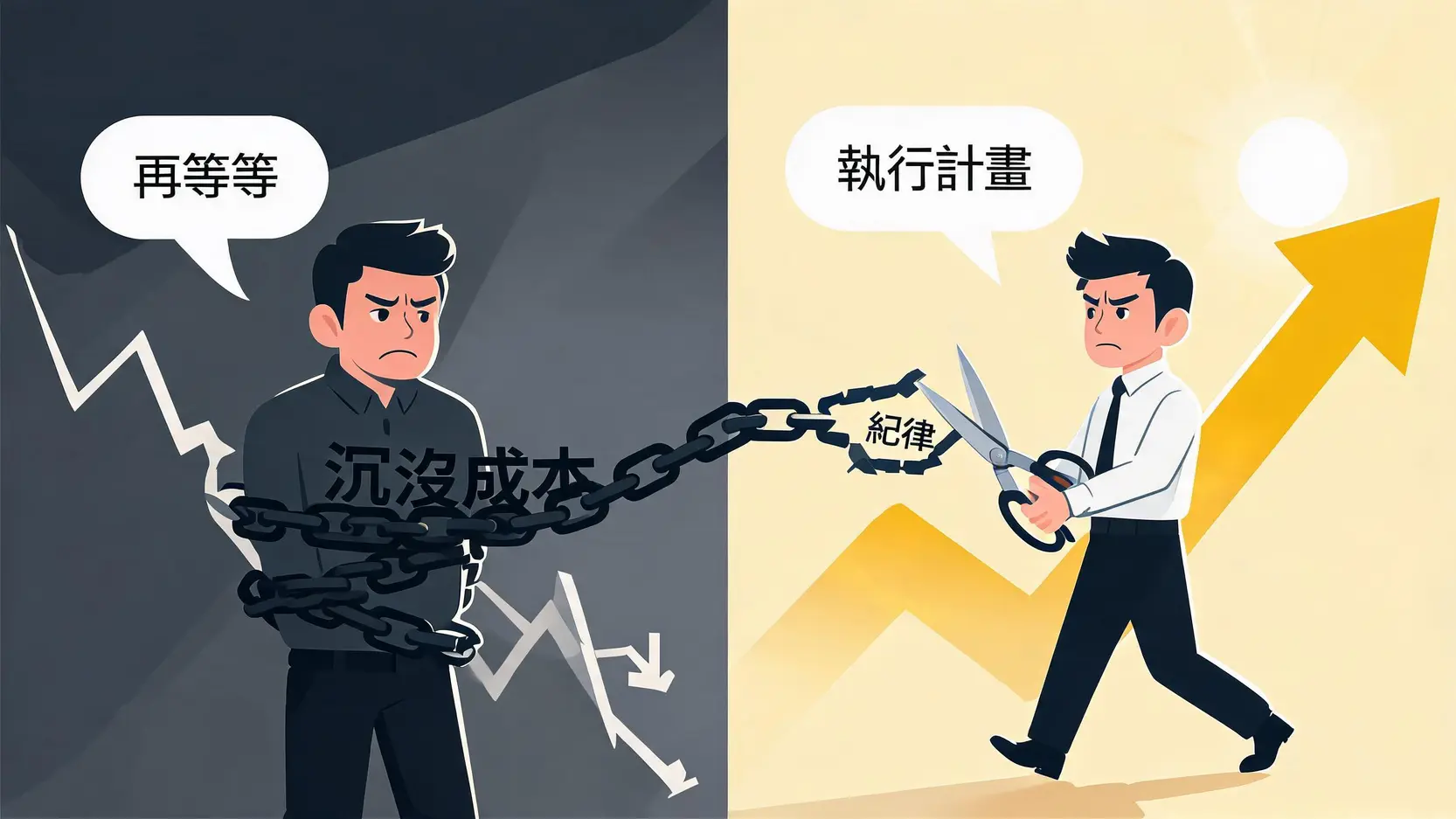 股票停損點怎麼設?5種專家常用策略,告別憑感覺交易 一位投資者在停損時的內心掙扎示意圖,對比了被沉沒成本困住的非理性心態與果斷執行紀律的理性決策。