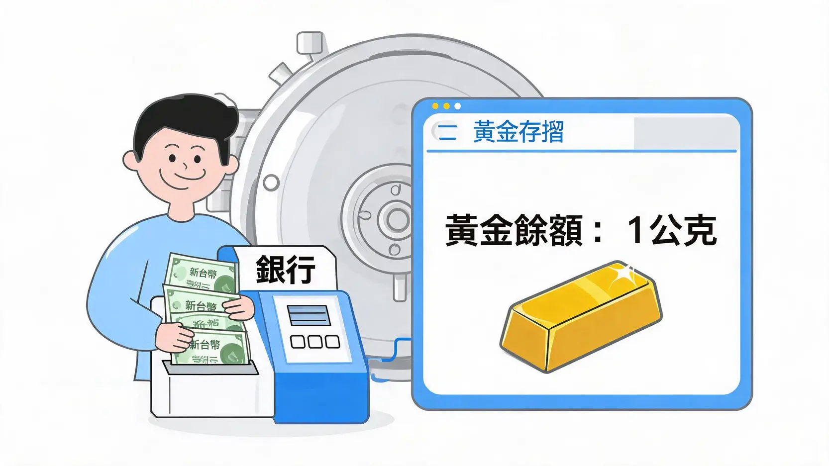 黃金存摺投資指南:開戶優缺點、即時黃金牌價與3大管道全攻略 一張說明黃金存摺運作原理的示意圖,顯示資金存入銀行後轉換為帳戶中的黃金公克數。