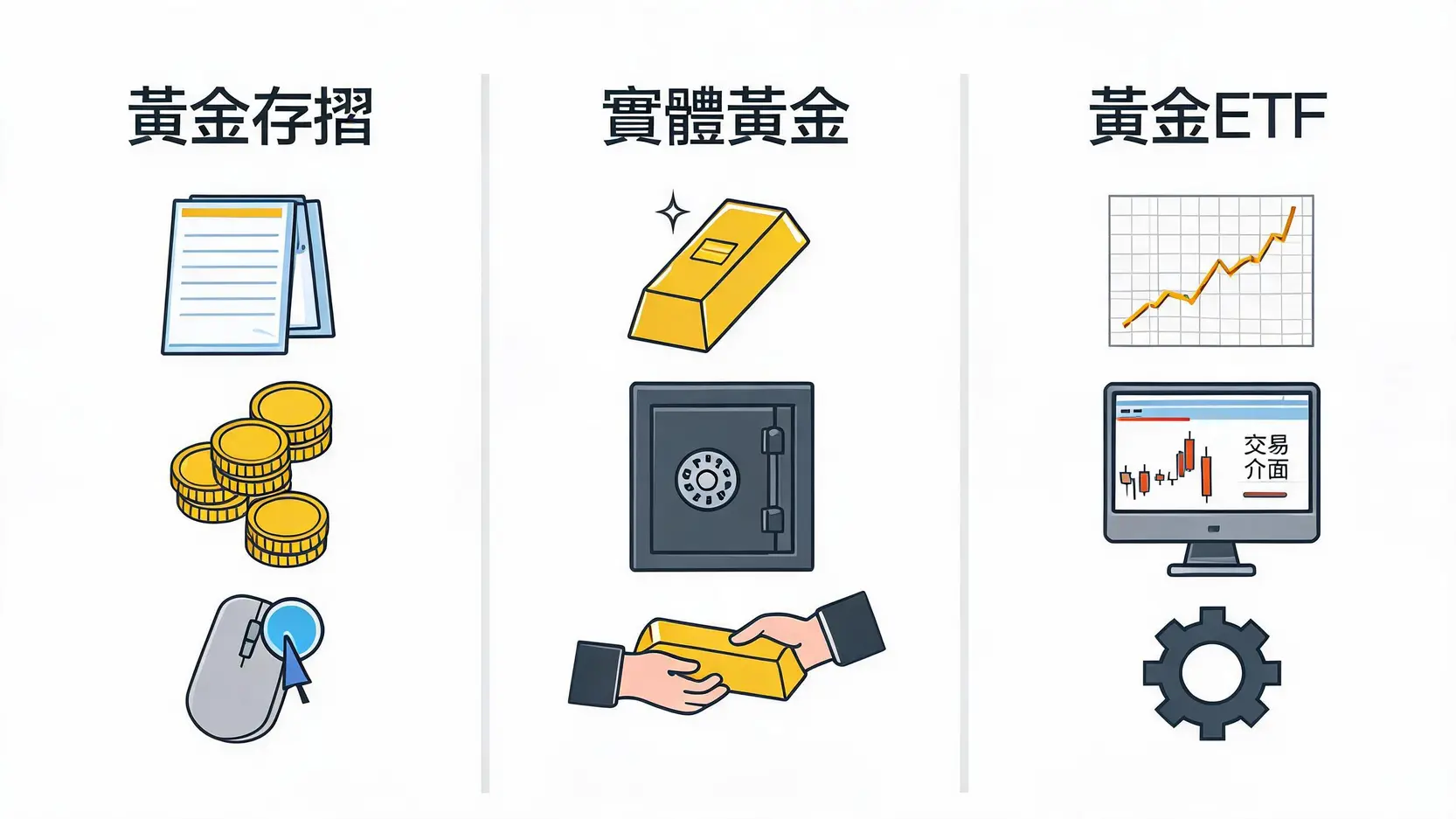 黃金存摺投資指南:開戶優缺點、即時黃金牌價與3大管道全攻略 黃金存摺、實體黃金與黃金ETF三種投資管道的優缺點對比圖。