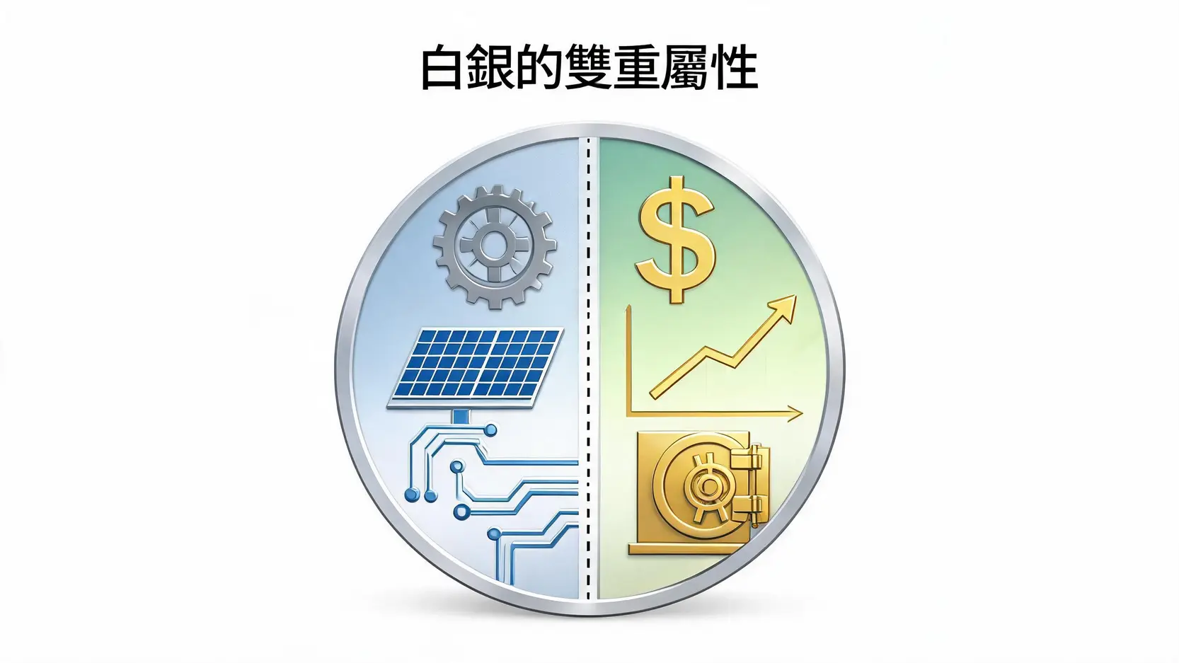 白銀投資懶人包:2026價格走勢、技術分析與投資管道全攻略 一張圖表解釋白銀的雙重屬性,左側是工業應用如太陽能和電子,右側是金融屬性如避險和抗通膨。
