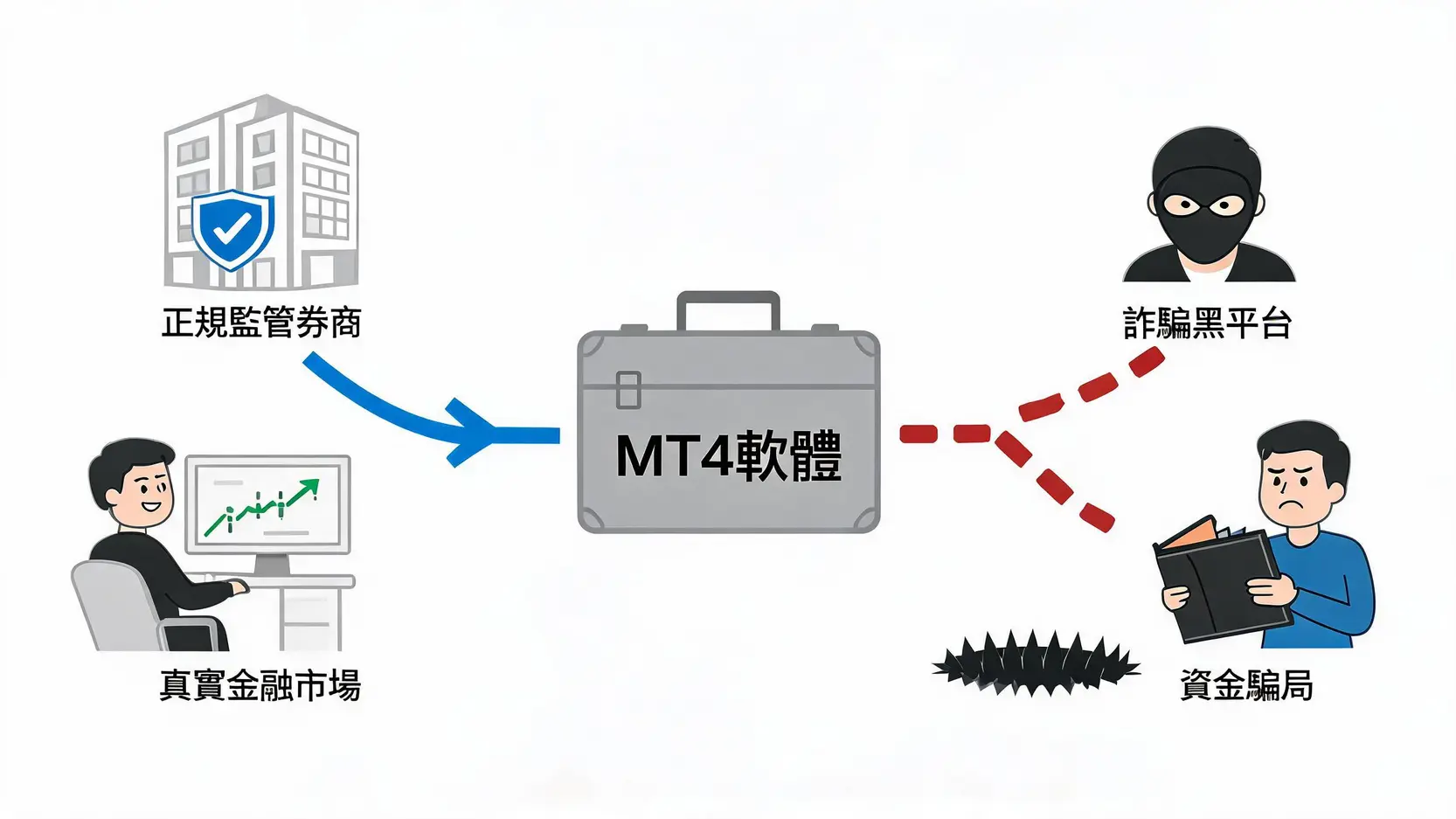 MT4是詐騙嗎?2026最完整防詐指南,揭露3大騙局與券商安全檢查法 一張圖表演示MT4軟體本身是中立的,正規券商使用它會通往真實市場,而詐騙黑平台使用它則會導致資金騙局。