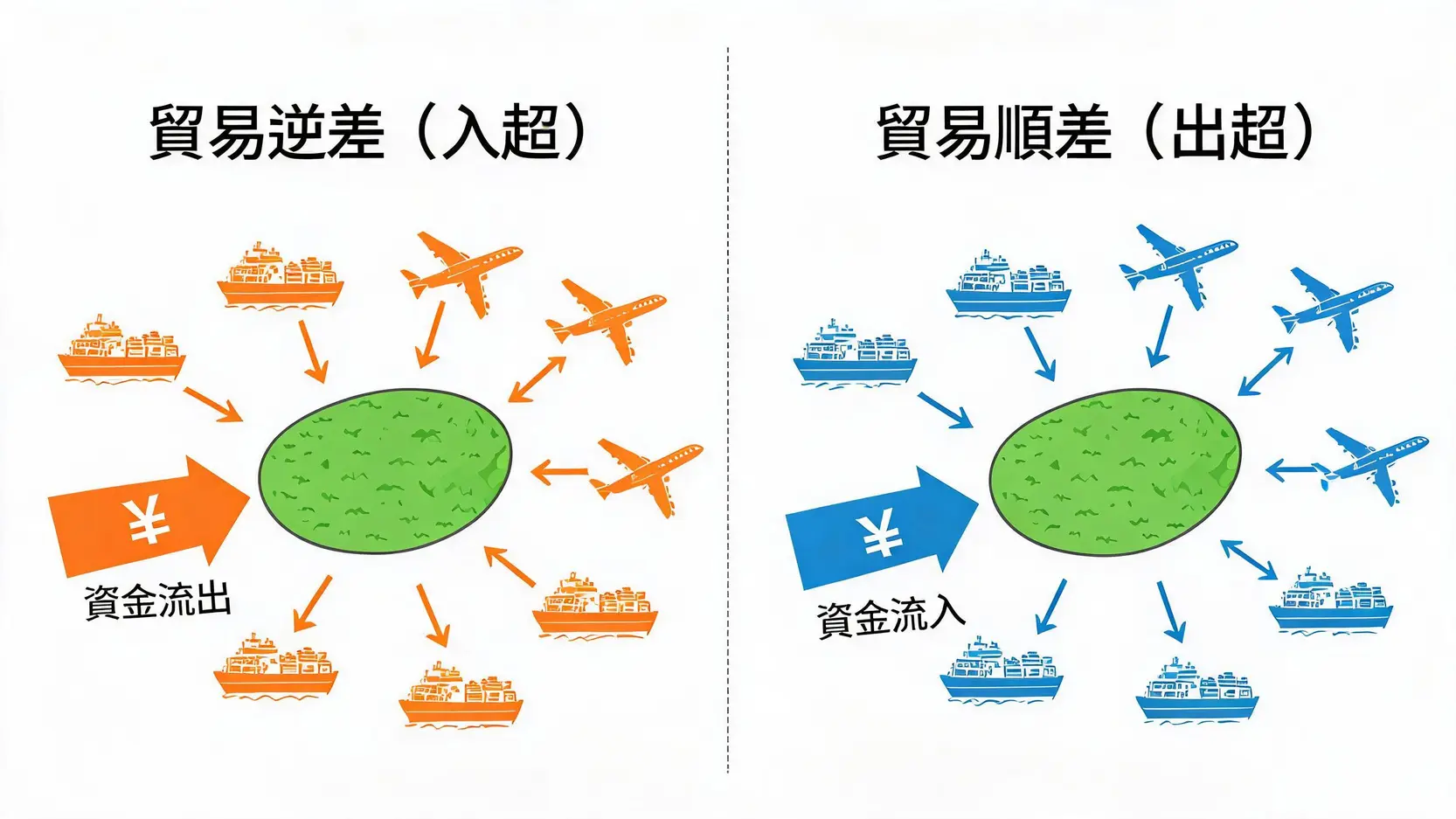 貿易逆差是什麼意思?一篇看懂對國家經濟、股市和你的錢包有何影響 貿易逆差與貿易順差的對比圖,顯示了商品與資金的流動方向。