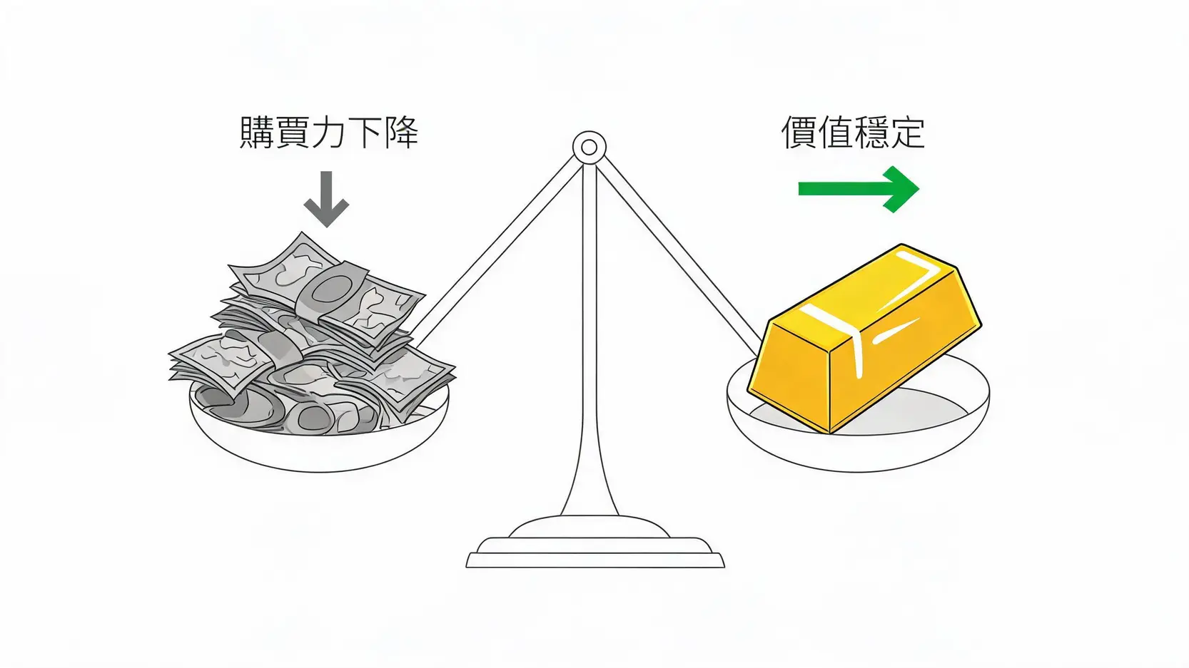黃金白銀怎麼買?2026新手投資入門5大管道優缺點全解析 一個說明黃金如何對抗通貨膨脹的概念圖,圖中一個天平向穩定的金條一側傾斜,而另一側的紙鈔正在貶值。