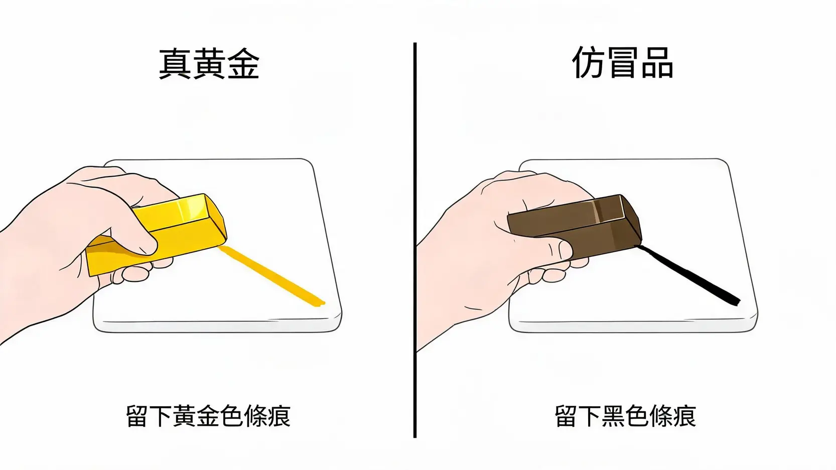 黃金白銀真偽辨別:專家教你7個秘訣,在家輕鬆鑑定! 真假黃金的陶瓷劃痕測試對比圖,真金留下金色痕跡,假金留下黑色痕跡。