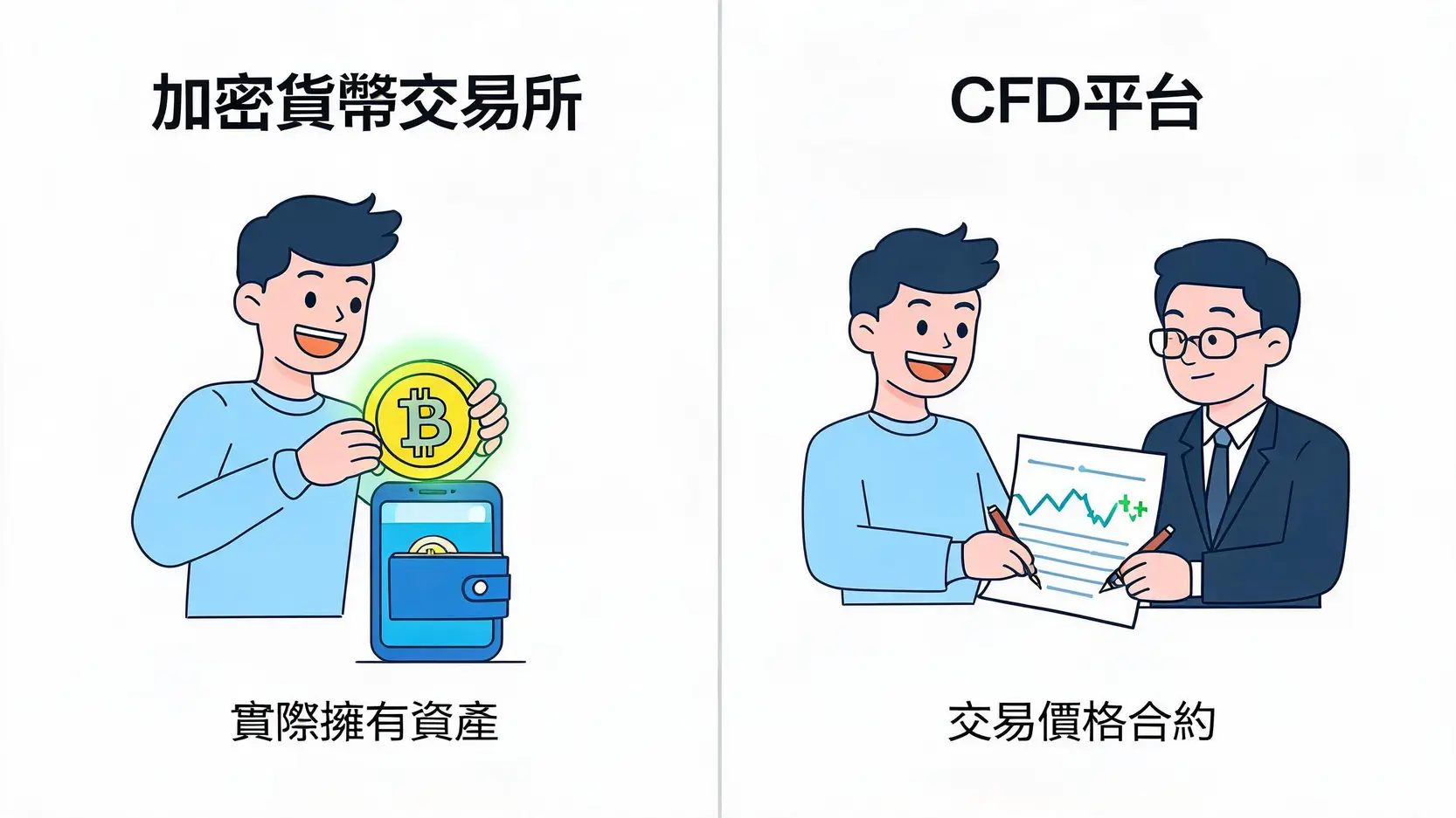 加密貨幣開戶vs.CFD開戶終極指南:一篇搞懂成本、風險與如何選擇 加密貨幣現貨交易與CFD交易的區別圖解:左側為實際擁有數位資產,右側為僅交易價格合約。
