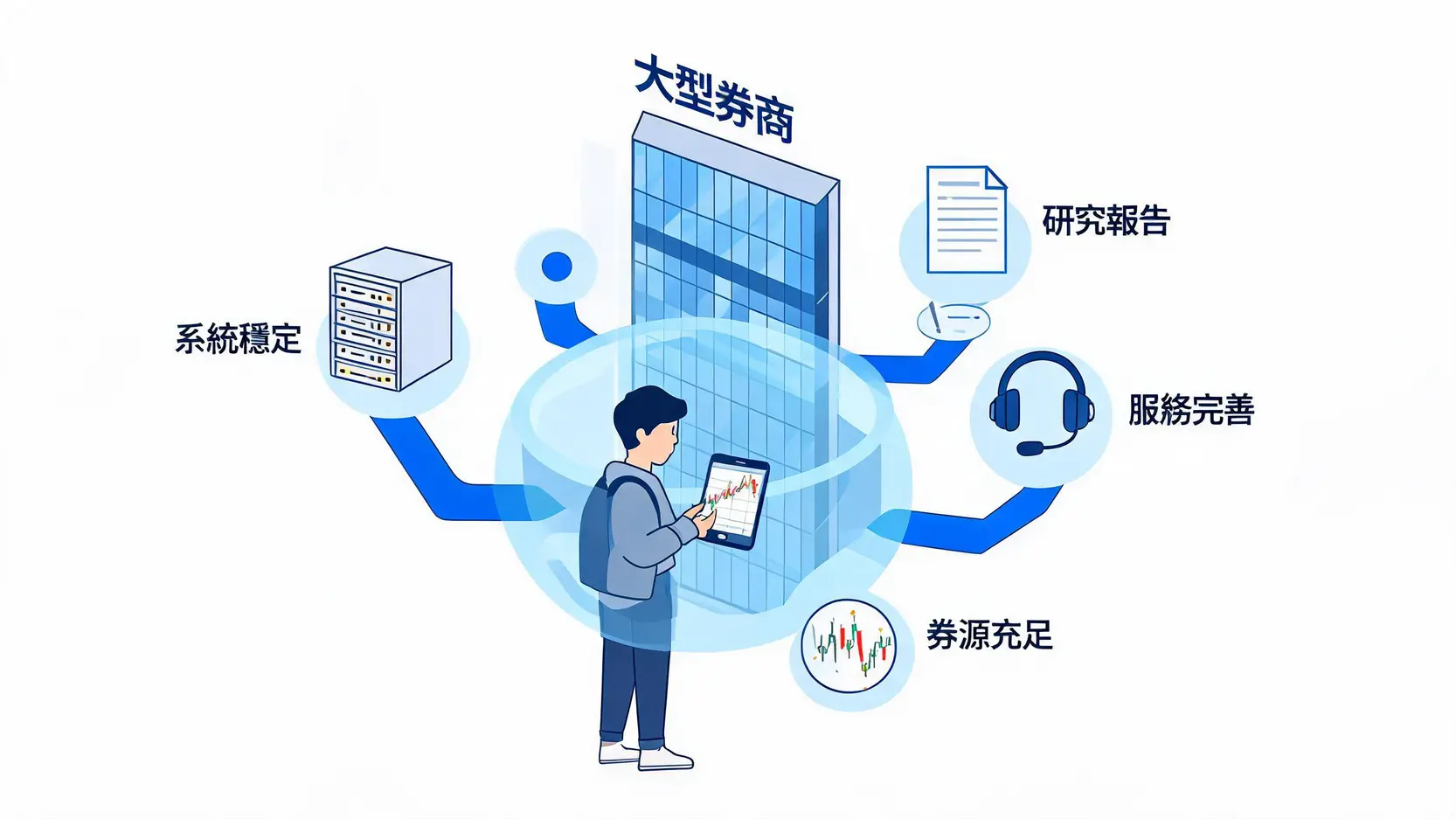 【2026券商推薦】15家證券商比較:手續費、開戶優惠、APP全攻略 一張說明大型券商四大優勢的示意圖,包含系統穩定、研究報告、服務完善和券源充足。