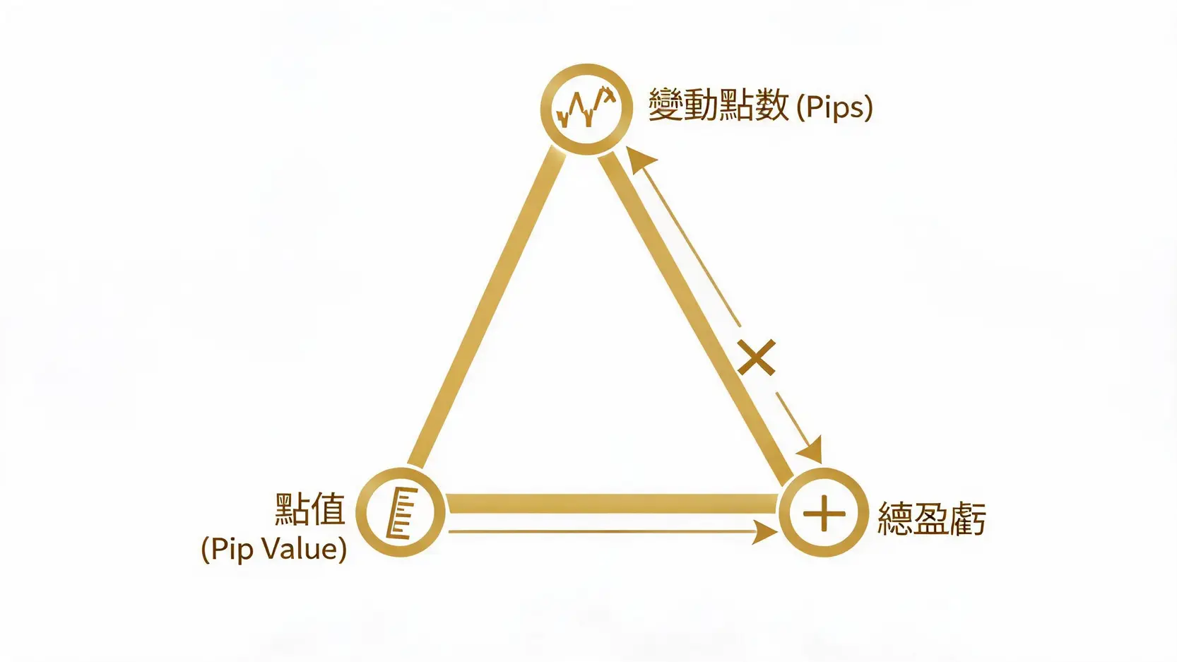 點值(Pip Value)是什麼?外匯交易必懂的計算、手數與風險管理全攻略 一張概念圖展示點值、手數和盈虧之間的黃金三角關係,說明總盈虧是由價格變動的點數乘以每個點的價值決定的。