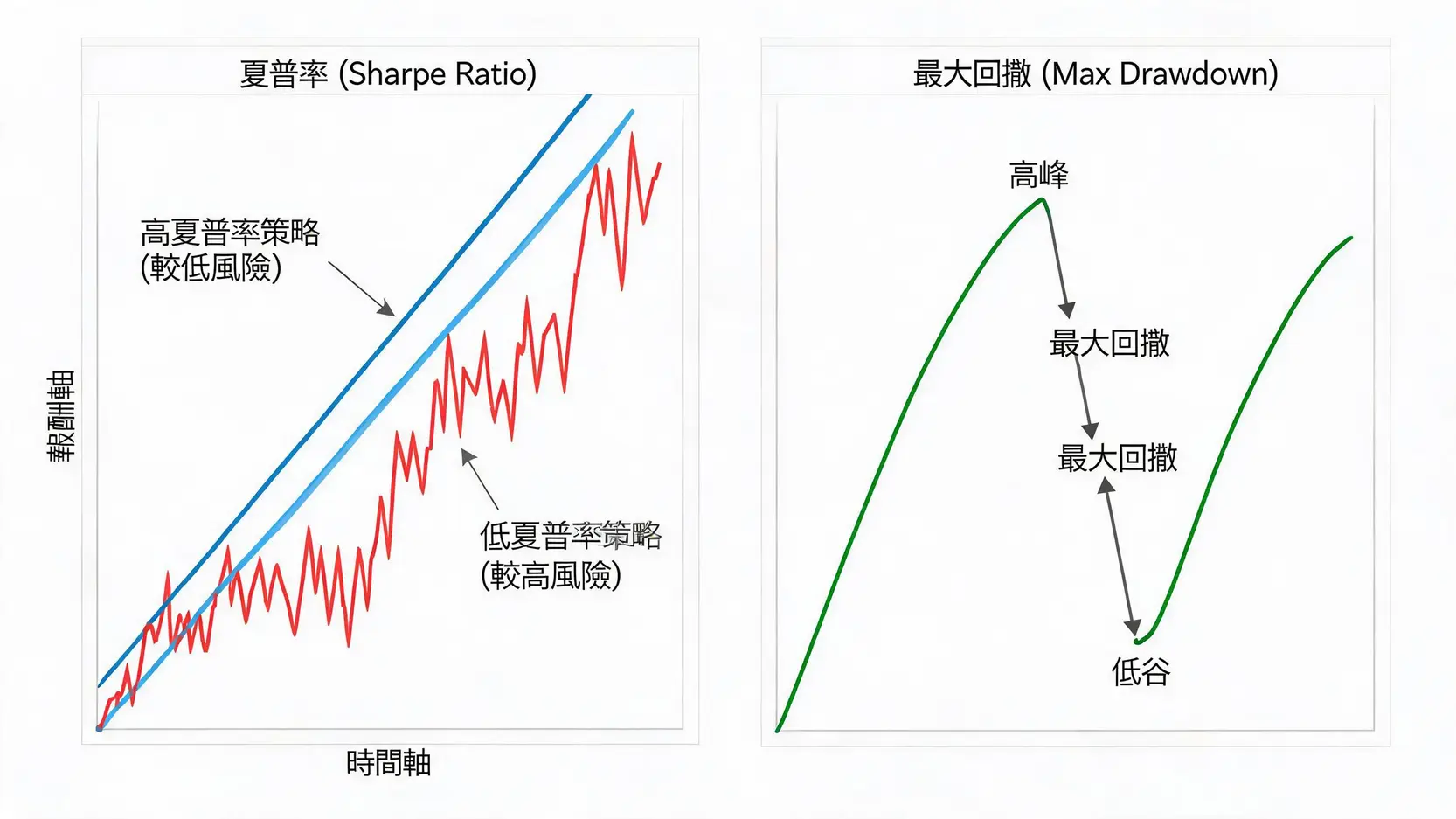 量化交易是你的菜嗎?給散戶的3個殘酷真相與入門建議 兩張圖表,分別解釋了量化交易中的夏普率和最大回撤兩個關鍵績效指標。