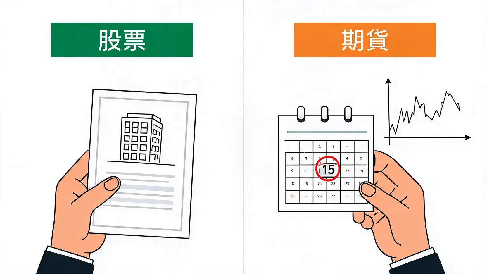 想嘗試期貨玩法?避開這5個新手村陷阱,別讓第一筆交易就畢業! 一張對比圖,左邊說明股票代表公司所有權,右邊說明期貨代表未來合約。