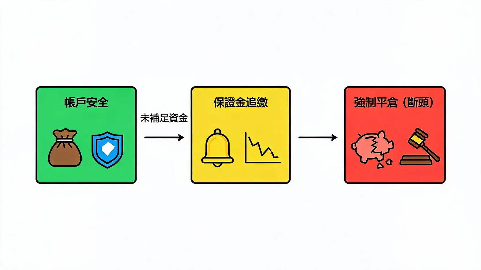 想嘗試期貨玩法?避開這5個新手村陷阱,別讓第一筆交易就畢業! 期貨交易風險流程圖,展示從帳戶安全到保證金追繳,最終因未補錢而被強制平倉的過程。