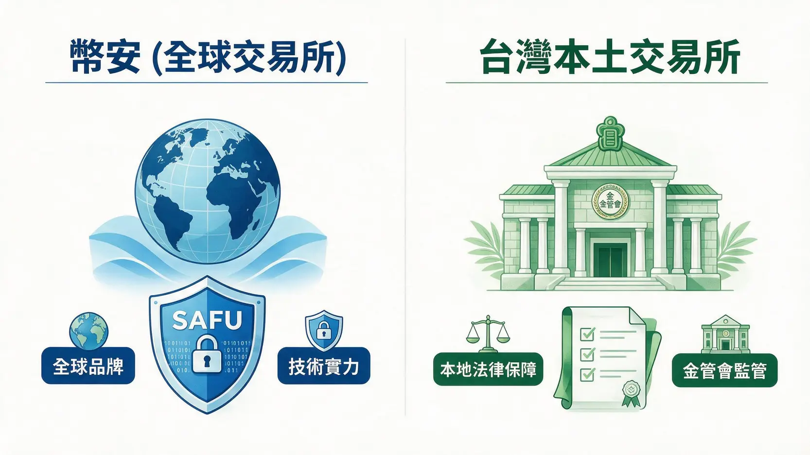 「幣安在台灣合法嗎?」2026年最新監管政策、PTT評價與安全分析 幣安與台灣本土交易所在法律保障與資產安全方面的對比圖。