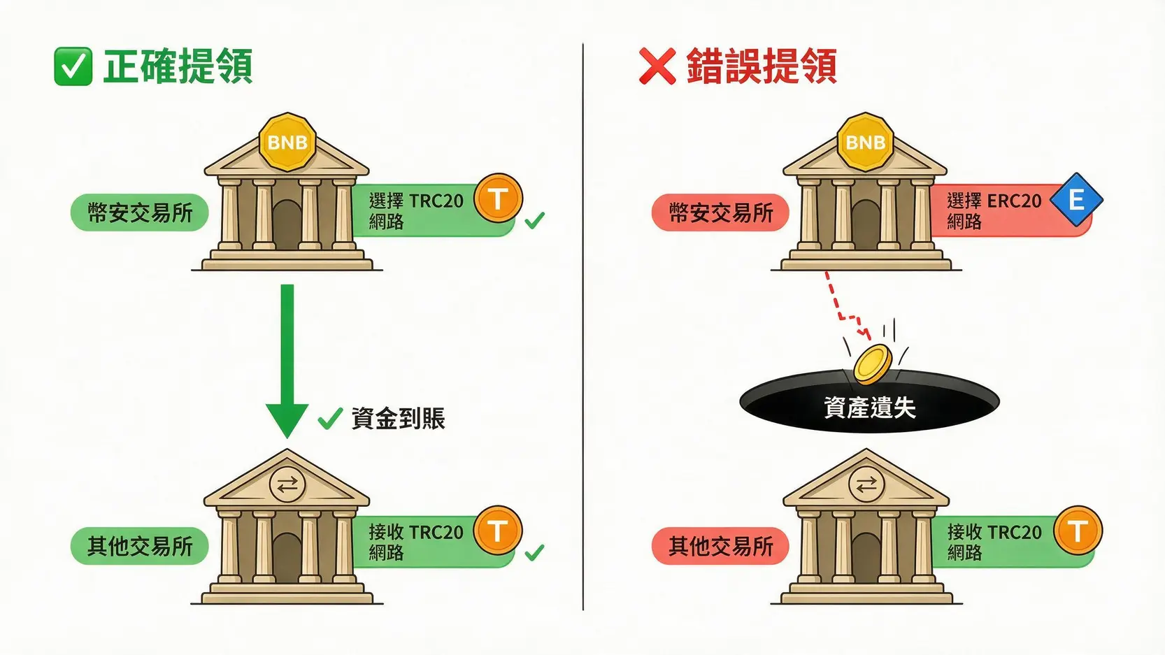一張對比圖，顯示正確匹配提現主網與地址導致交易成功，而錯誤匹配則導致資產遺失。