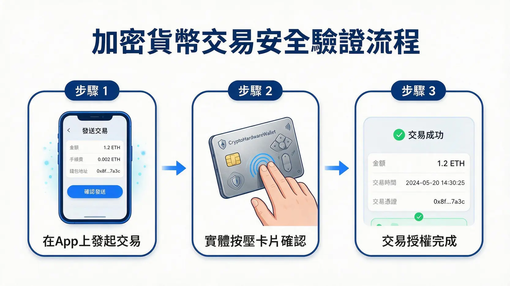 CoolWallet冷錢包的三重交易驗證流程圖，顯示從手機App發起到實體卡片按壓確認的過程。
