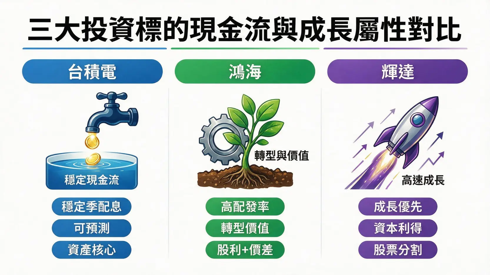 【投資人必讀】高成長與高股息能否兼得?深度剖析三大科技巨頭的股利哲學 一張圖表比較台積電、鴻海與輝達的股利策略,分別以水龍頭、發芽齒輪與火箭象徵其穩定、轉型與成長的特性。