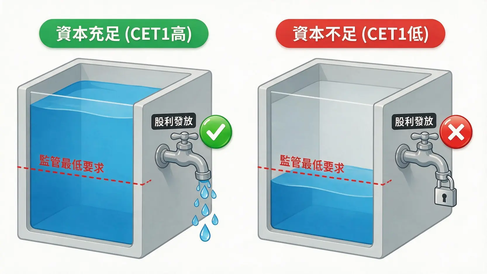 【深度分析】2027年金融股股利還能發多少?四大金控獲利與配息能力完全解析 概念圖解釋資本適足率(CET1)如何影響股利發放:高CET1允許發放股利,低CET1則會限制股利發放。