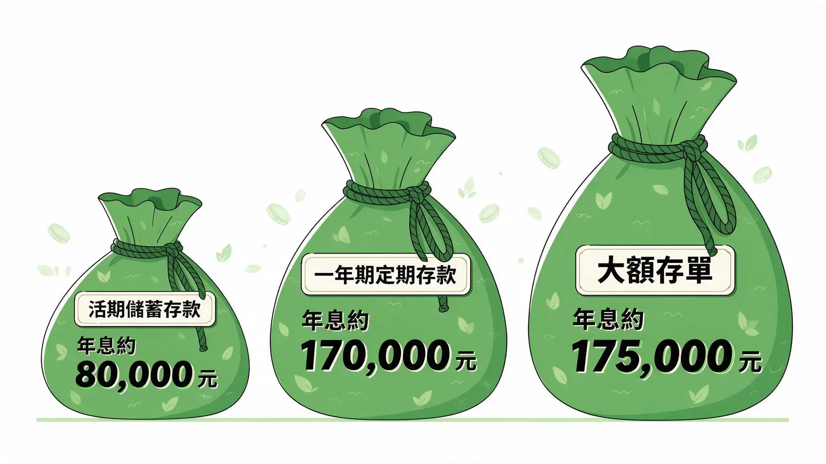 一千萬存款在三種不同銀行存款方式下的年利息對比圖，顯示活存、定存與大額存單的收益差異。