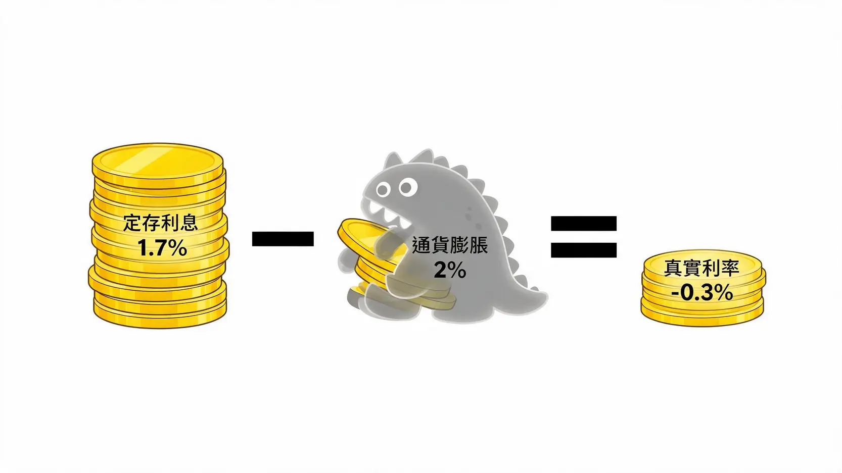 一個說明真實利率概念的示意圖，顯示定存利息被通貨膨脹率侵蝕後，導致實際購買力下降。