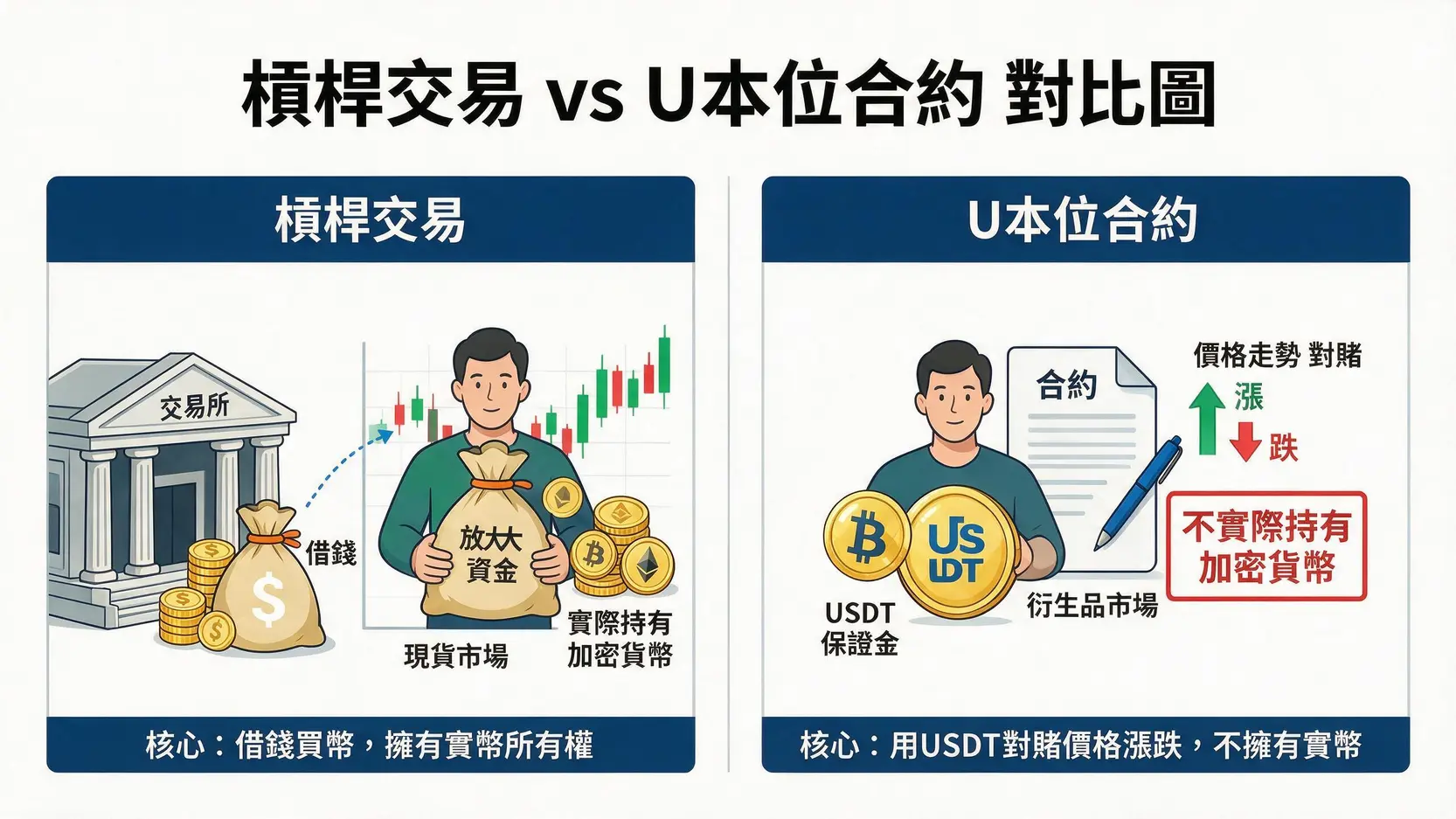 幣安槓桿不是賭博!交易員都在用的『風險控制』秘訣,告別爆倉惡夢 幣安槓桿交易與U本位合約的區別圖解,展示了槓桿交易是借錢買現貨,而合約交易是賭未來價格。