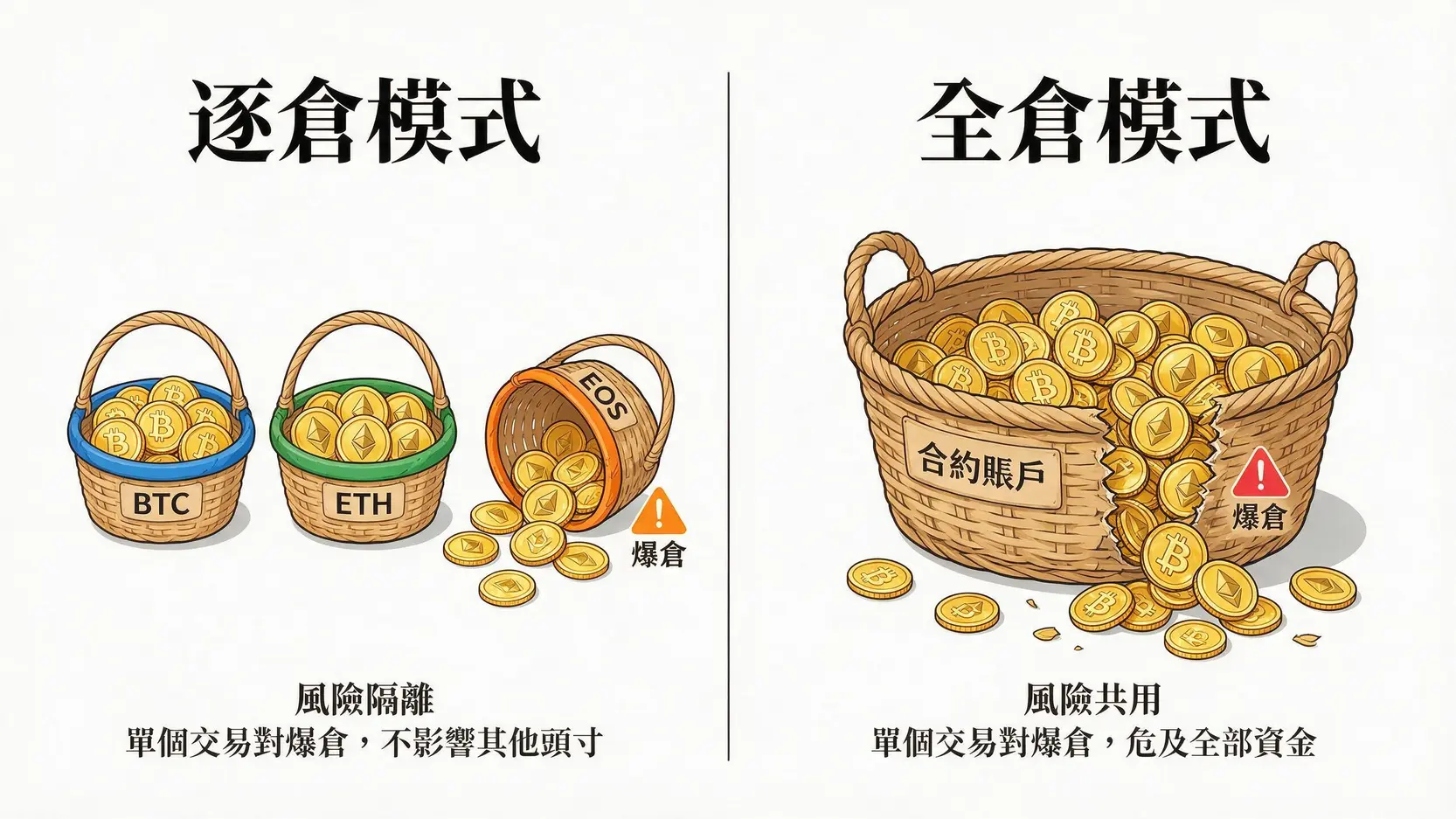 幣安槓桿不是賭博!交易員都在用的『風險控制』秘訣,告別爆倉惡夢 全倉模式與逐倉模式的風險區別圖解,逐倉模式下各倉位風險獨立,全倉模式下所有倉位共享風險。