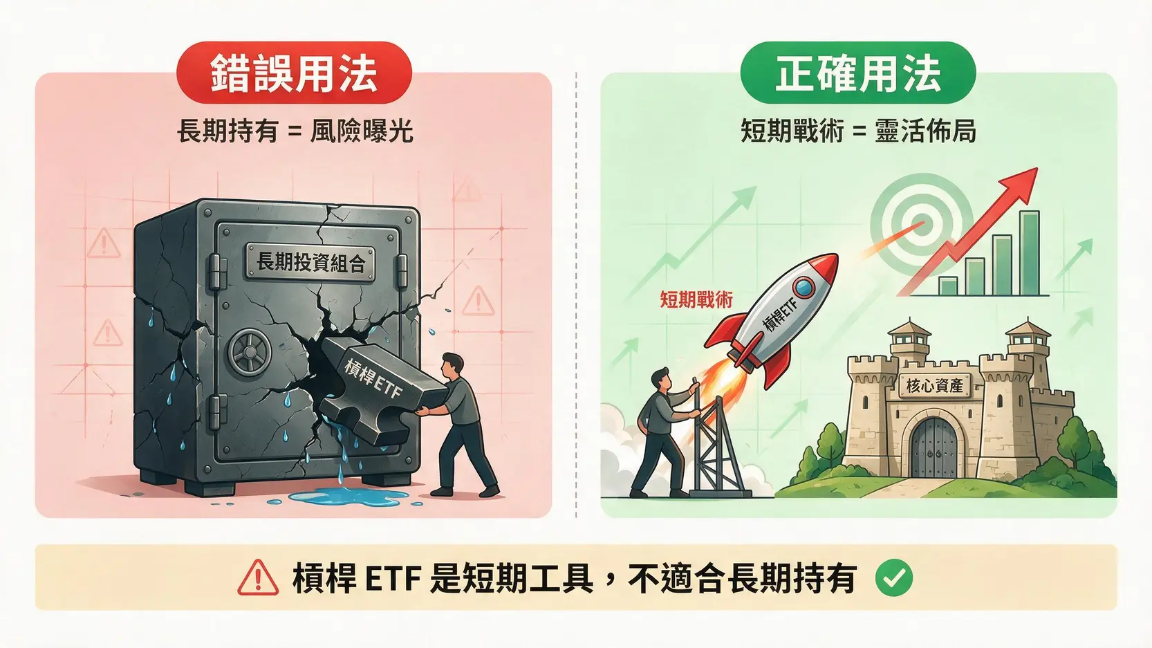 買不了TQQQ或0050正2?你只差這份『槓桿風險預告書』! 槓桿ETF的正確與錯誤用法對比圖,錯誤用法是長期持有,正確用法是作為短期戰術工具。