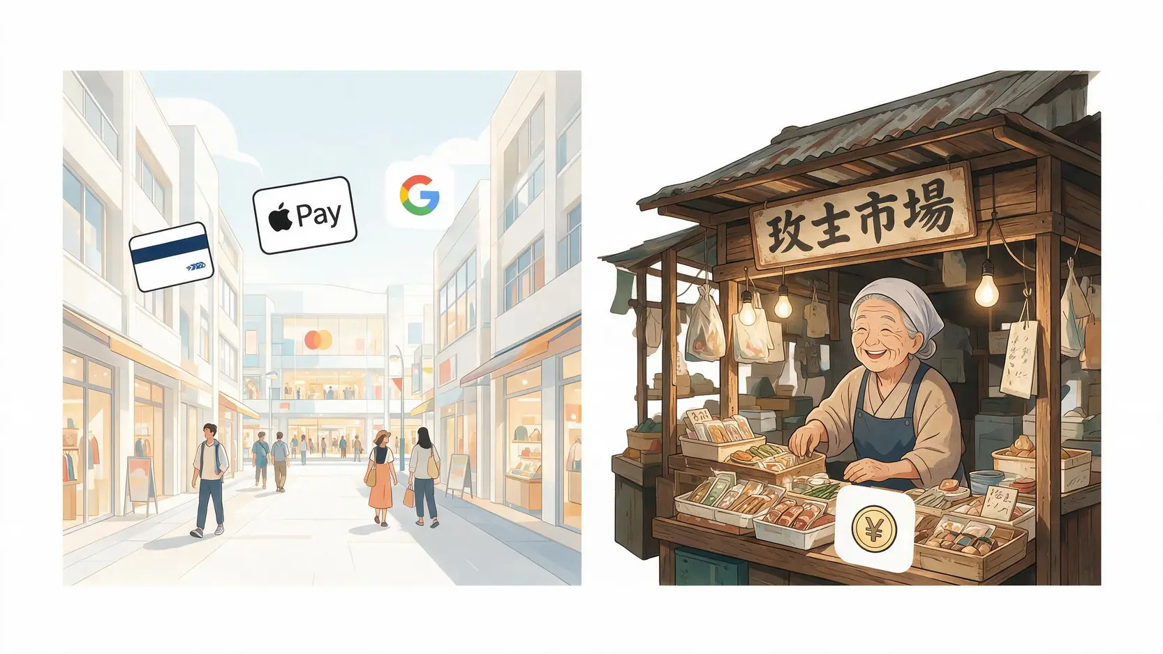 【2026沖繩自駕必看】5天4夜親子遊要換多少日幣?預算專家教你現金、信用卡最優分配 沖繩支付方式對比圖,顯示觀光區接受信用卡與電子支付,而傳統市場主要使用現金。