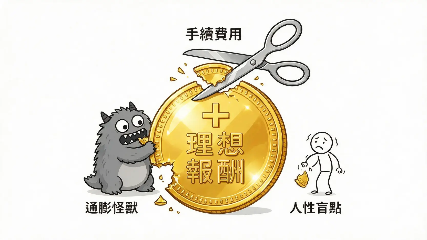 【理財試算神器】2026最新定期定額複利計算機,一鍵預測你的千萬退休金 影響投資報酬的三個隱藏變數:通膨怪獸、手續費用剪刀與人性盲點正在侵蝕理想報酬的示意圖。