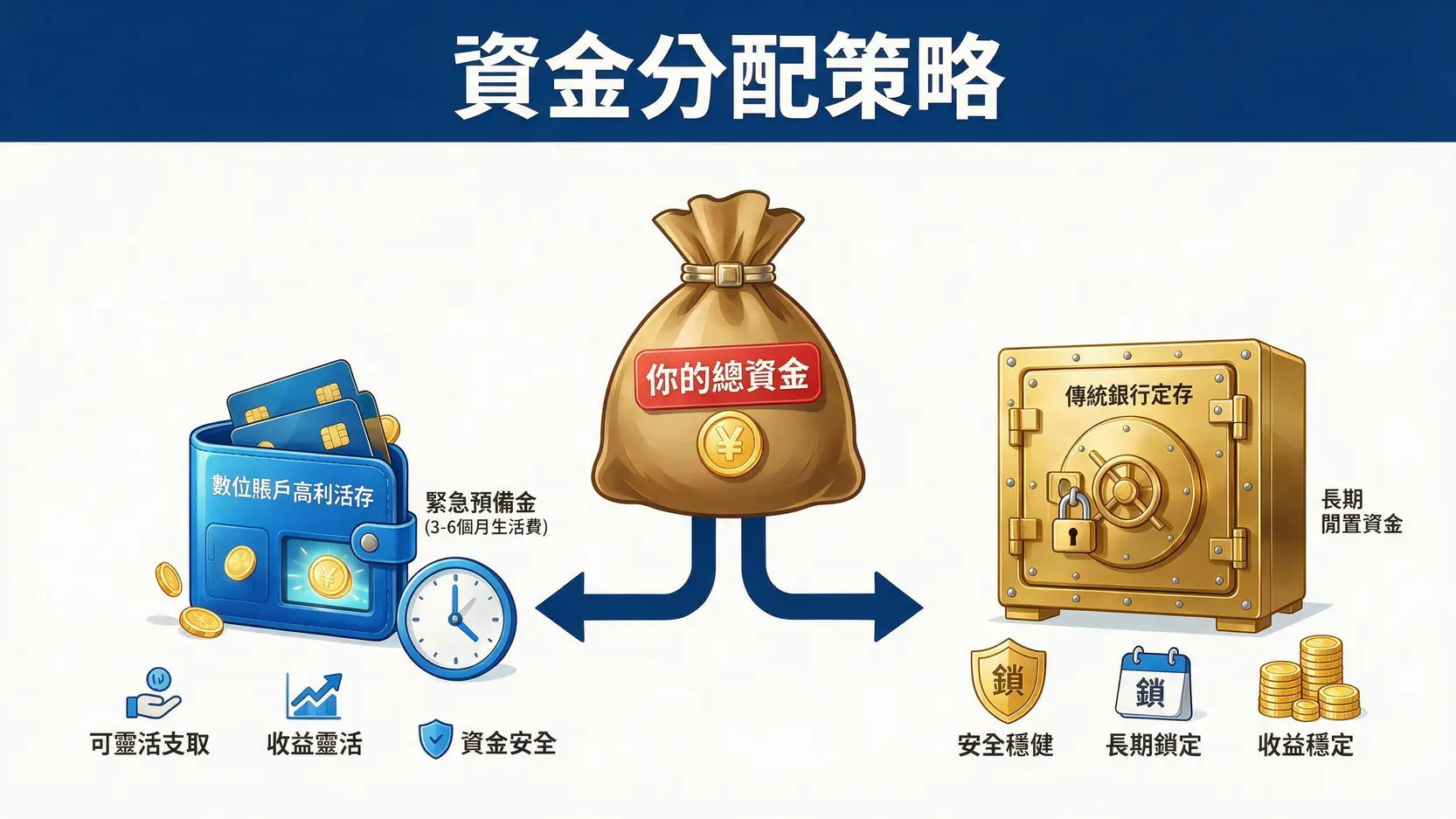 別只看牌告利率!2026銀行定存3個隱藏規則,專家教你利息翻倍存 資金配置策略圖,將緊急預備金放入數位帳戶高利活存,長期閒置資金放入傳統銀行定存。