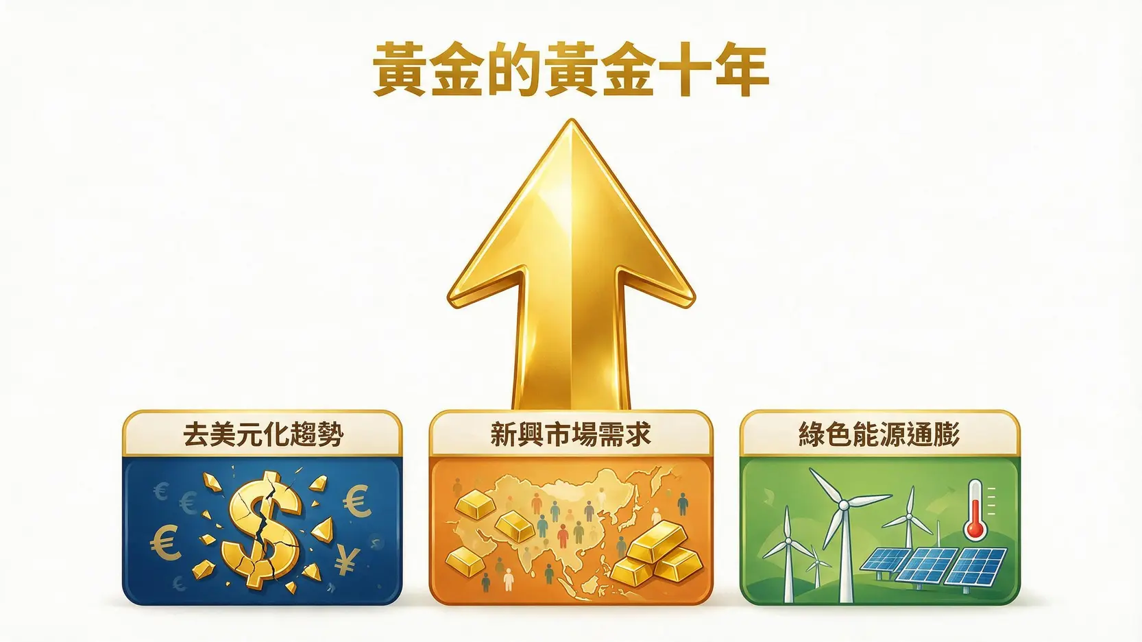 佈局下一個黃金十年!除了抗通膨,還有三大長期動能推升金價 一張圖解黃金未來十年三大驅動力的示意圖,包含去美元化、新興市場需求和綠色通膨三個支撐金價上漲的基石。