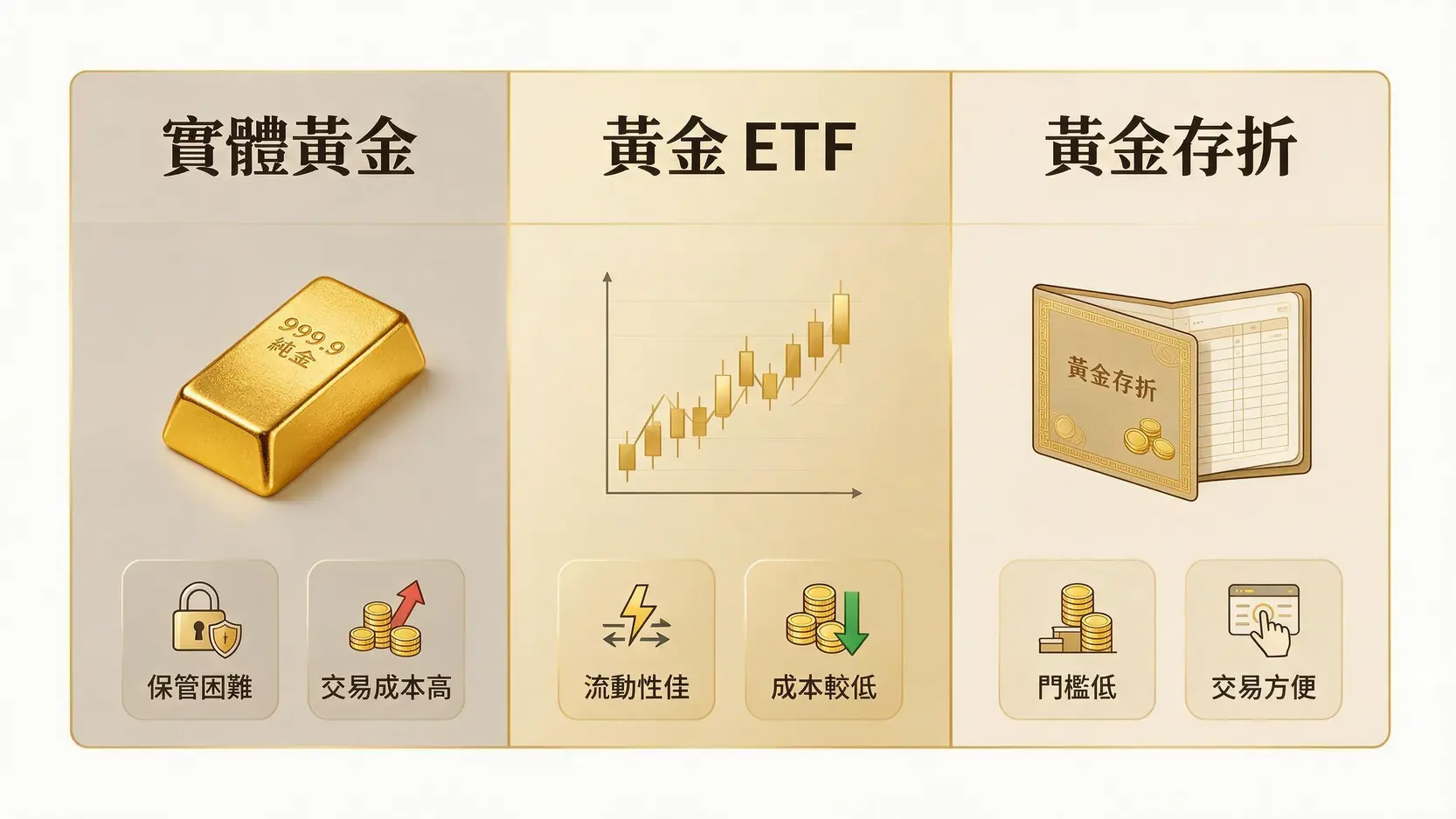 佈局下一個黃金十年!除了抗通膨,還有三大長期動能推升金價 比較實體黃金、黃金ETF和黃金存摺三種投資方式優缺點的圖表。