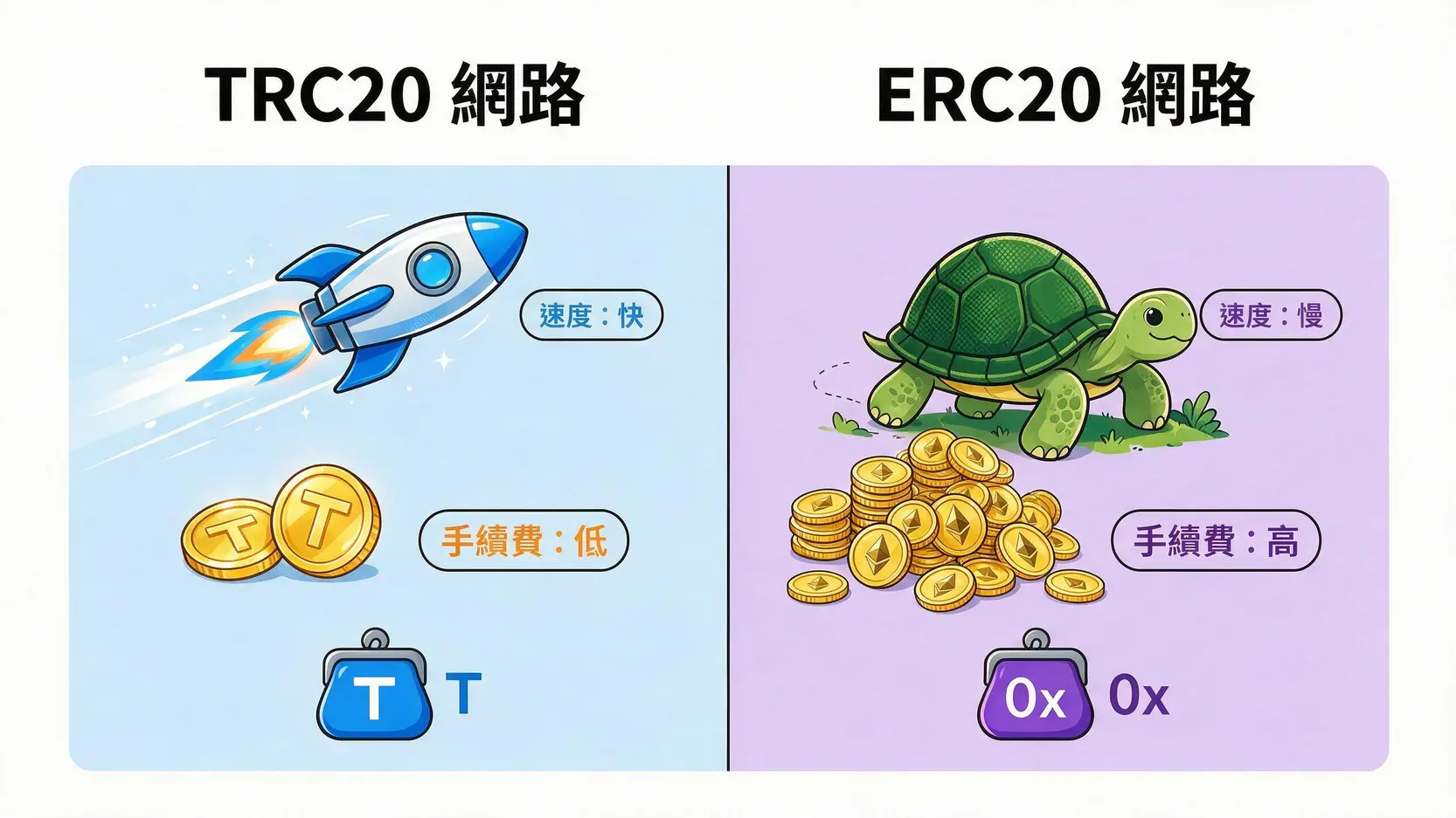 TRC20 是什麼?USDT 轉帳為什麼大家都推它?一篇看懂速度與手續費優勢 TRC20與ERC20的對比圖,顯示TRC20轉帳速度快、手續費低,而ERC20速度慢、手續費高。