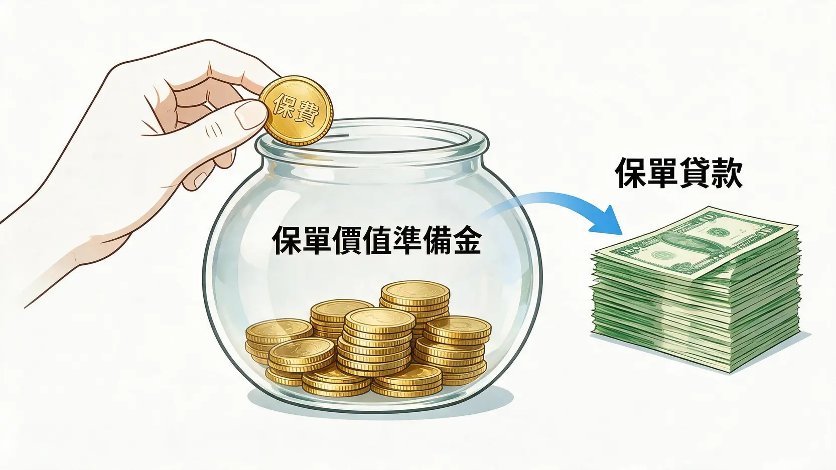 【2026保單貸款懶人包】利率多少?怎麼借?申請條件、優缺點一次看懂 保單價值準備金概念圖,顯示保費投入後累積價值,並可從中申請保單貸款。