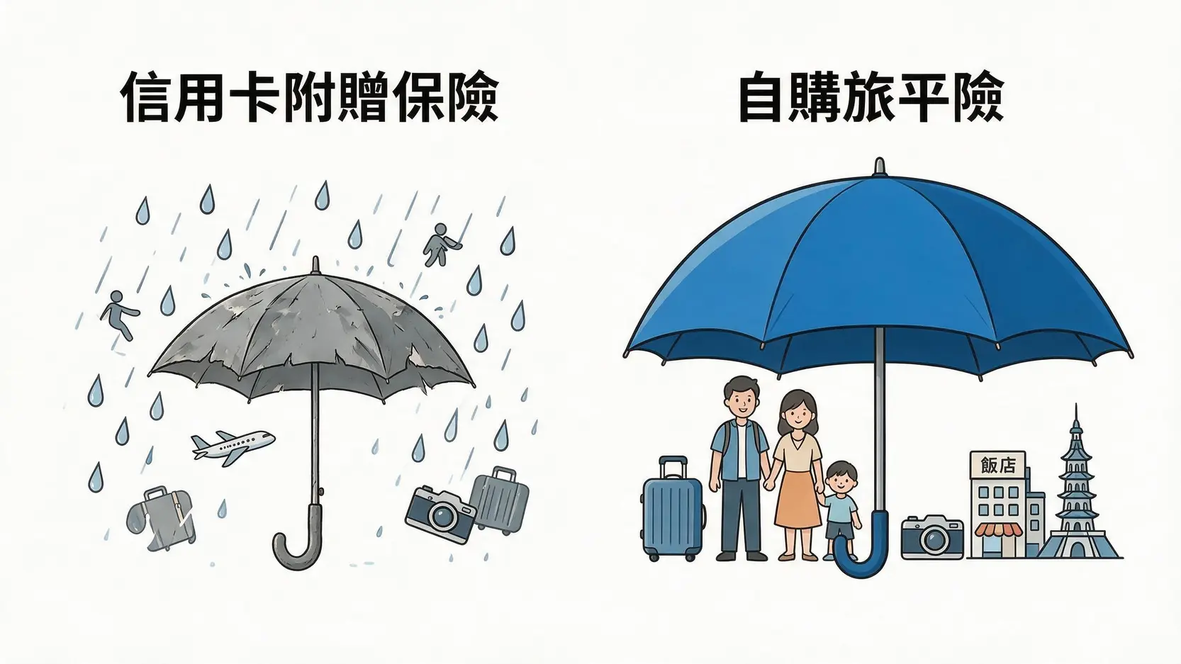 【2026旅平險推薦】海外旅遊必備!5家產險方案比較,含傳染病、不便險保障 一張比較信用卡附贈旅平險與自購旅平險保障範圍的示意圖,顯示自購旅平險的保障更全面。