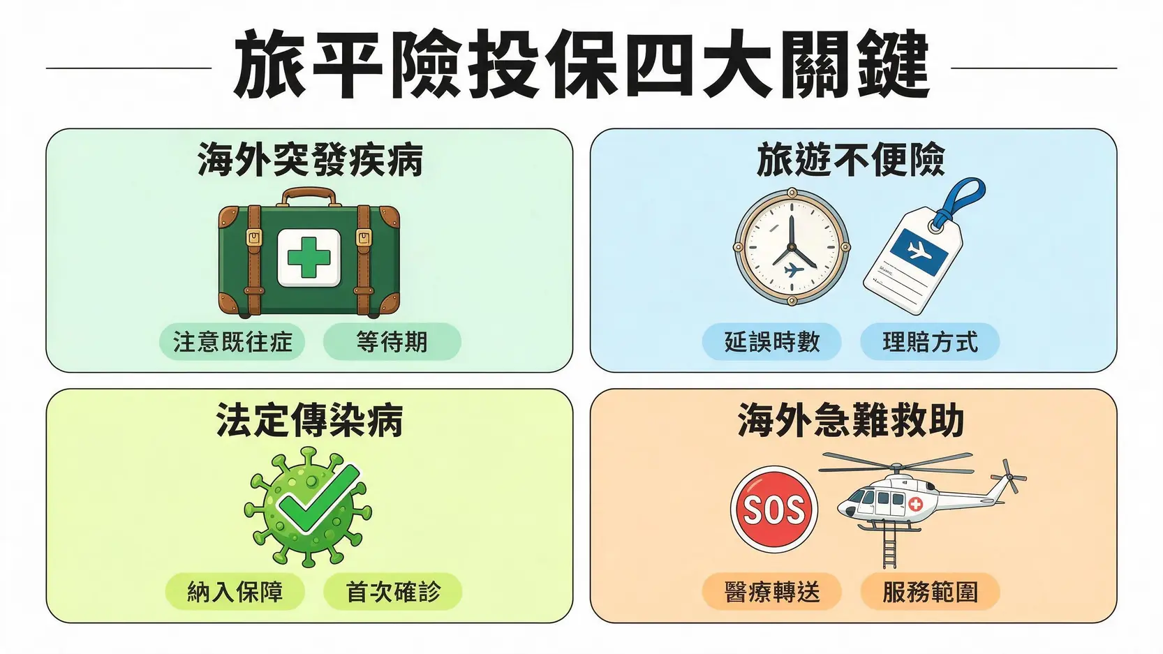 【2026旅平險推薦】海外旅遊必備!5家產險方案比較,含傳染病、不便險保障 一張資訊圖表,總結投保旅平險前需注意的四大關鍵:海外突發疾病、旅遊不便險、法定傳染病與海外急難救助。