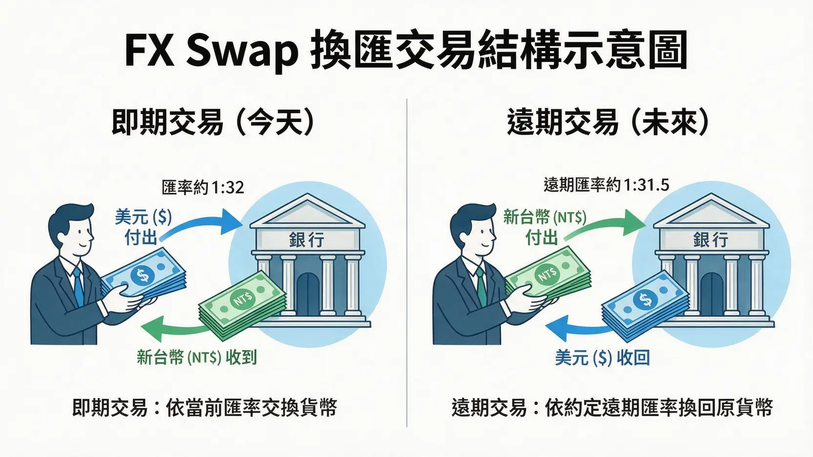 解密FX Swap報價單:Swap Point怎麼算?一篇搞懂換匯交易的成本與應用 FX Swap換匯交易結構示意圖,顯示即期賣出美元換台幣與遠期買回美元的兩筆反向交易。