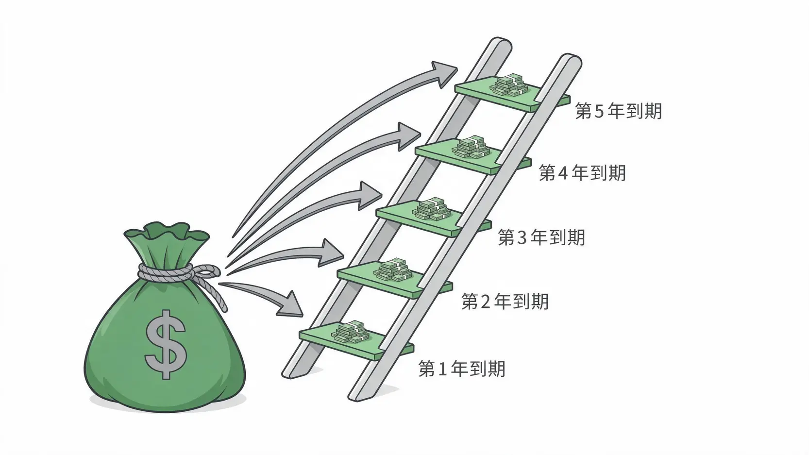 債券梯策略實戰指南:2026年如何打造源源不絕的被動現金流? 債券梯原理示意圖,顯示一筆資金被分散投資於五個不同到期年份的債券階梯上。