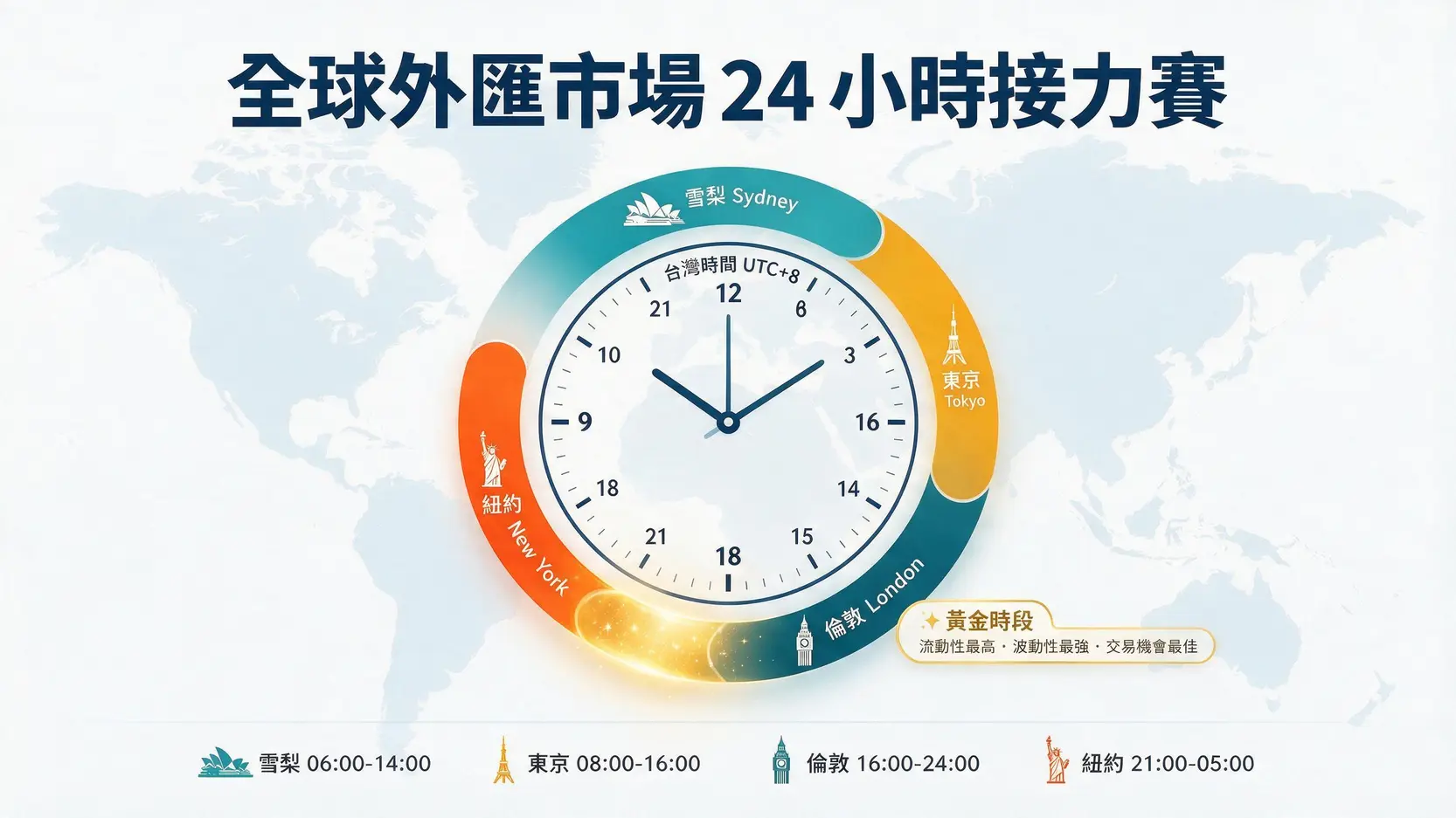 外匯 vs 虛擬貨幣交易時間:從銀行打烊到24/7市場的全天候投資指南 全球四大外匯市場交易時間接力賽示意圖,顯示雪梨、東京、倫敦和紐約時段的重疊情況。