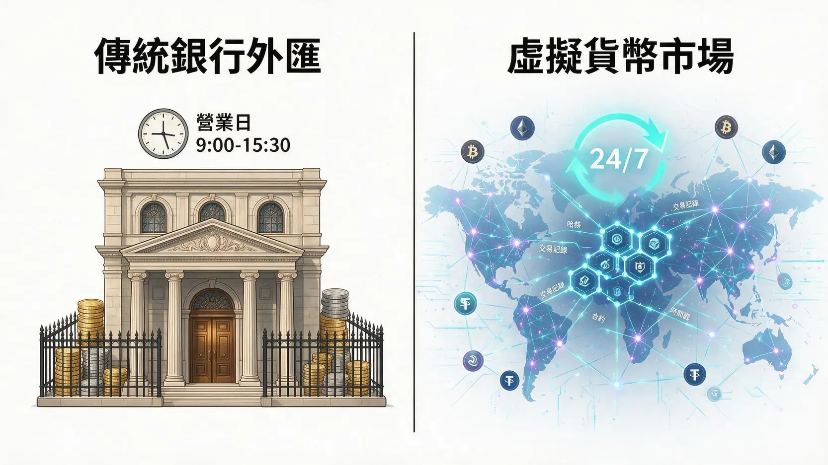 外匯 vs 虛擬貨幣交易時間:從銀行打烊到24/7市場的全天候投資指南 傳統銀行外匯與虛擬貨幣市場運作模式對比圖,顯示中心化限制與去中心化24/7運作的差異。
