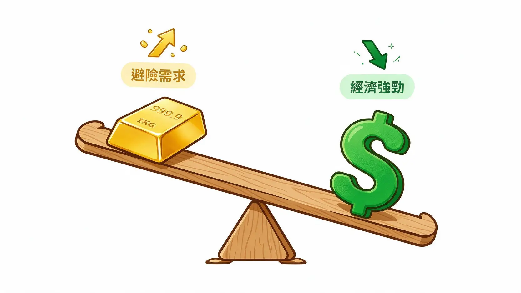 黃金外匯交易平台怎麼選?2026從MT4下載到點差成本的終極指南 黃金與美元的蹺蹺板效應示意圖,顯示黃金上漲時美元下跌的反向關係。