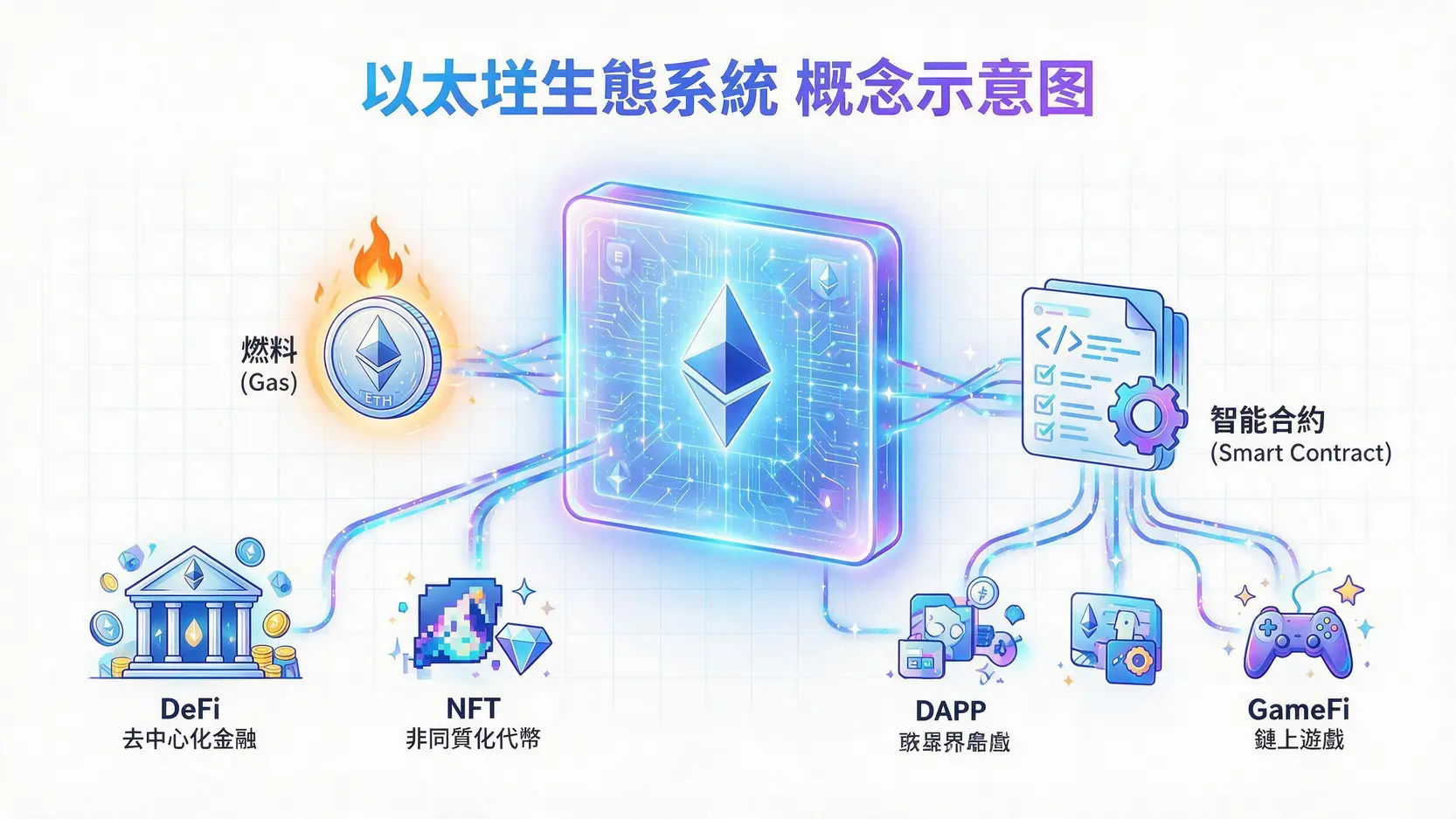 2026以太坊全解析:從合併升級到再質押,ETH未來價值與挑戰 以太坊生態系統示意圖,展示了以太坊平台、以太幣(ETH)、智能合約與去中心化應用(DApp)之間的關係。