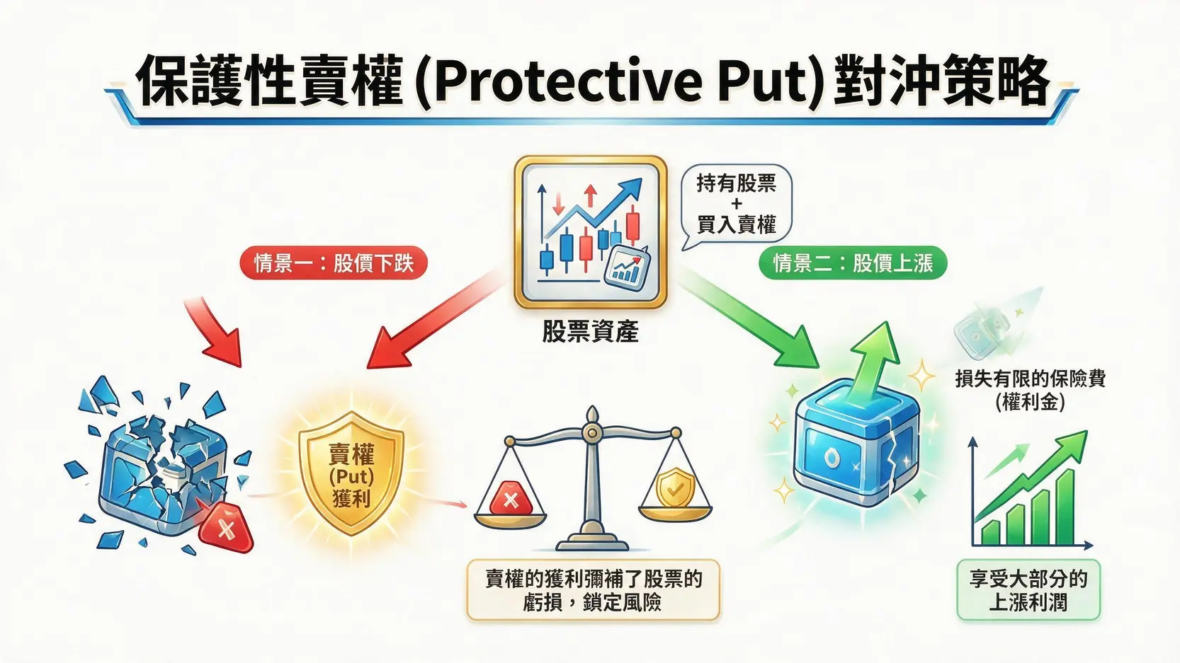 從「賭大小」到「精算師」:重塑你的期貨槓桿與期權風險認知 保護性賣權對沖策略示意圖,展示當股價下跌時賣權如何彌補股票損失,以及股價上漲時如何只損失權利金但享受股票獲利。