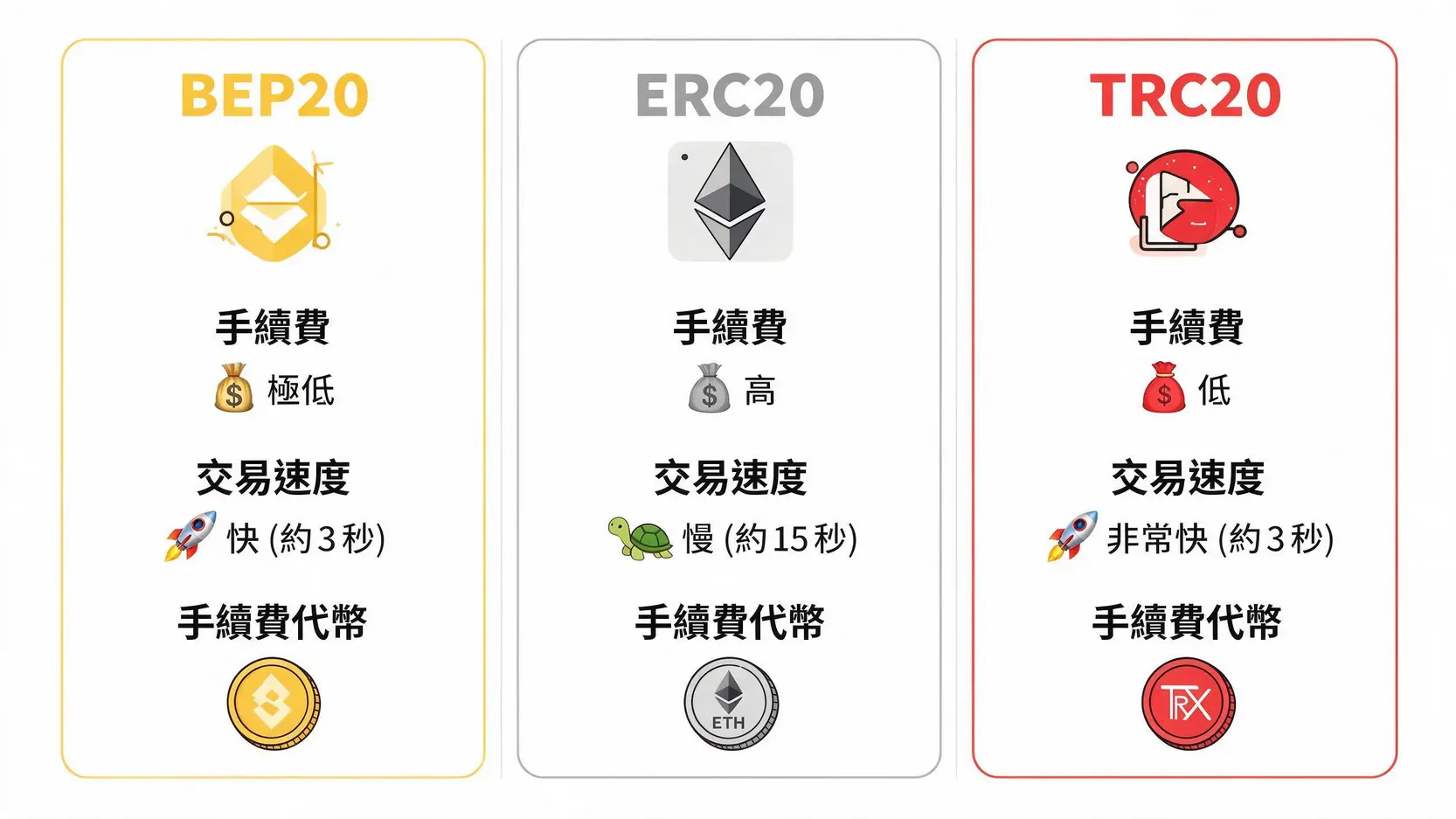 BEP20 是什麼?給新手的幣安智能鏈 (BSC) 指南:錢包設定、交易與防騙教學 BEP20、ERC20 與 TRC20 代幣標準比較圖,顯示三者在手續費、交易速度和所屬公鏈上的主要差異。