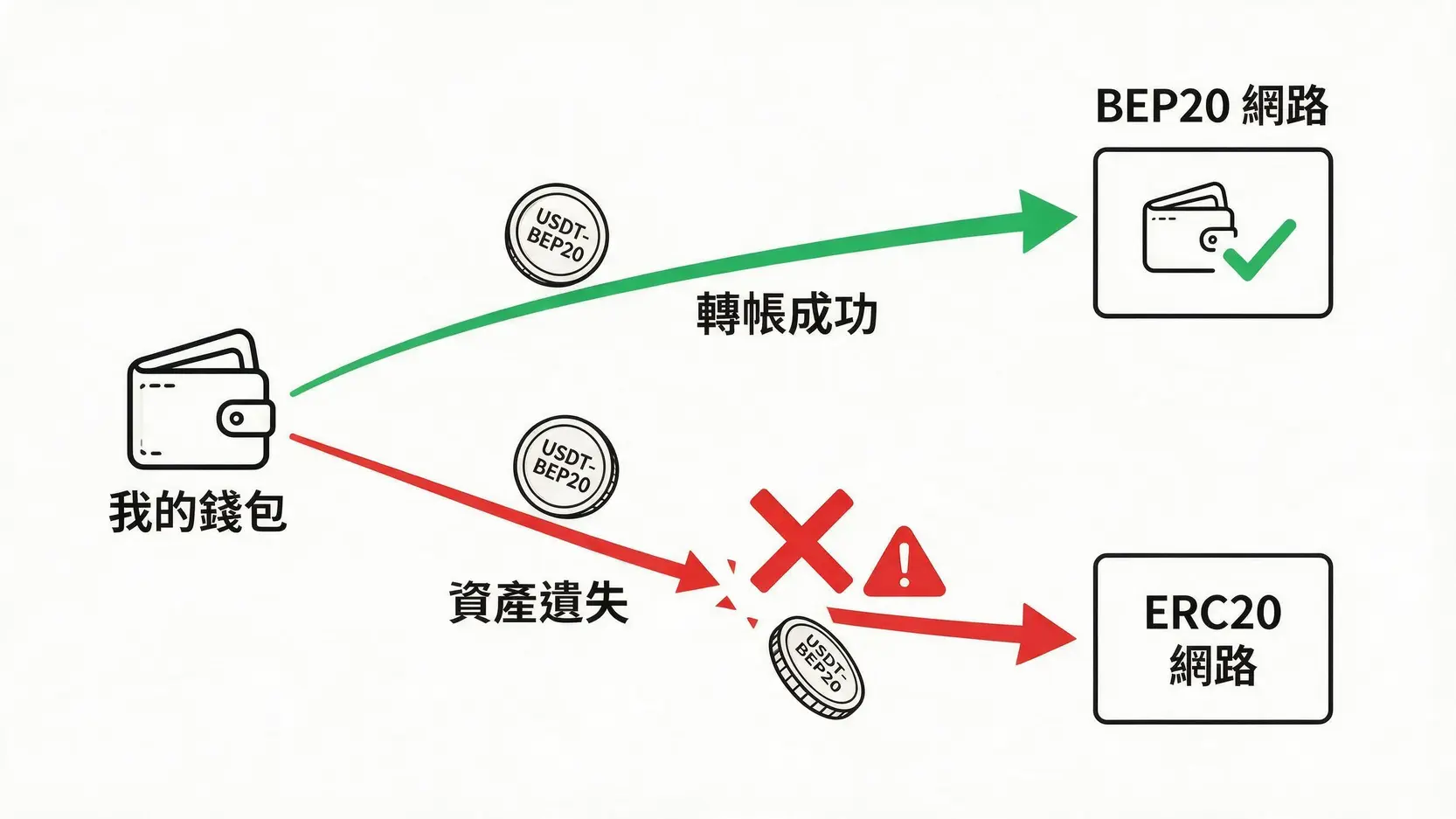 BEP20 是什麼?給新手的幣安智能鏈 (BSC) 指南:錢包設定、交易與防騙教學 一張示意圖解釋選錯鏈的後果,顯示將 BEP20 代幣發送到正確的 BEP20 地址會成功,而發送到 ERC20 地址則會導致資產遺失。