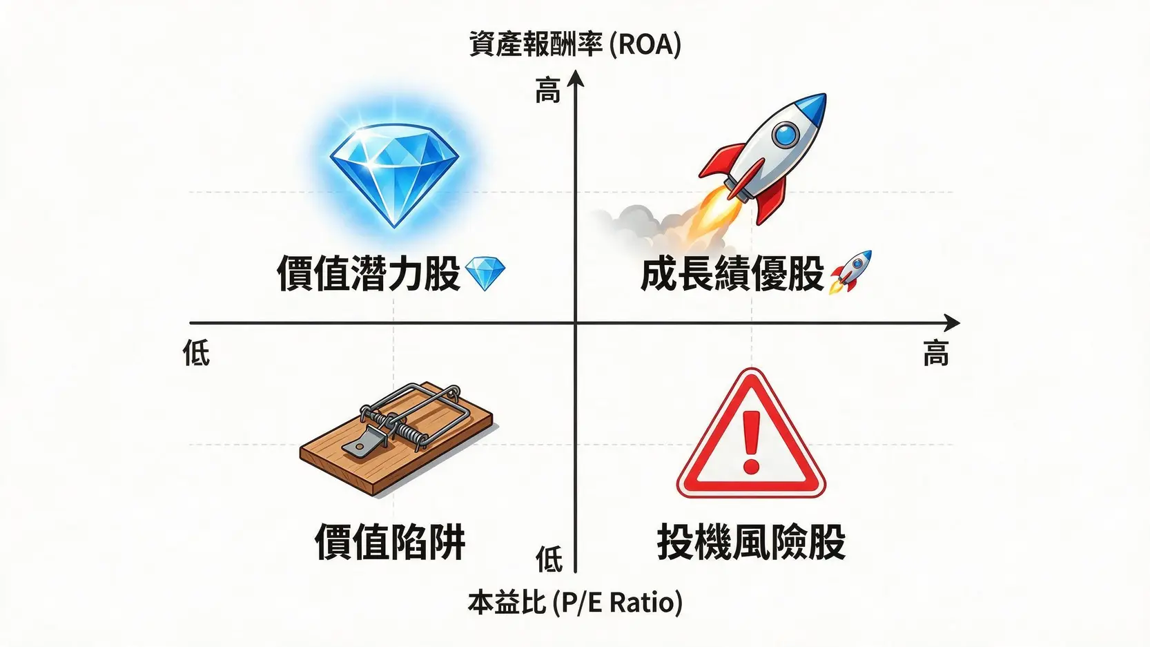ROA與本益比是什麼?給新手的財報雙指標教學,5分鐘看懂估值高低! 本益比與ROA的四象限選股策略圖,說明如何結合兩個指標來辨識價值潛力股、成長績優股、價值陷阱與投機風險股。