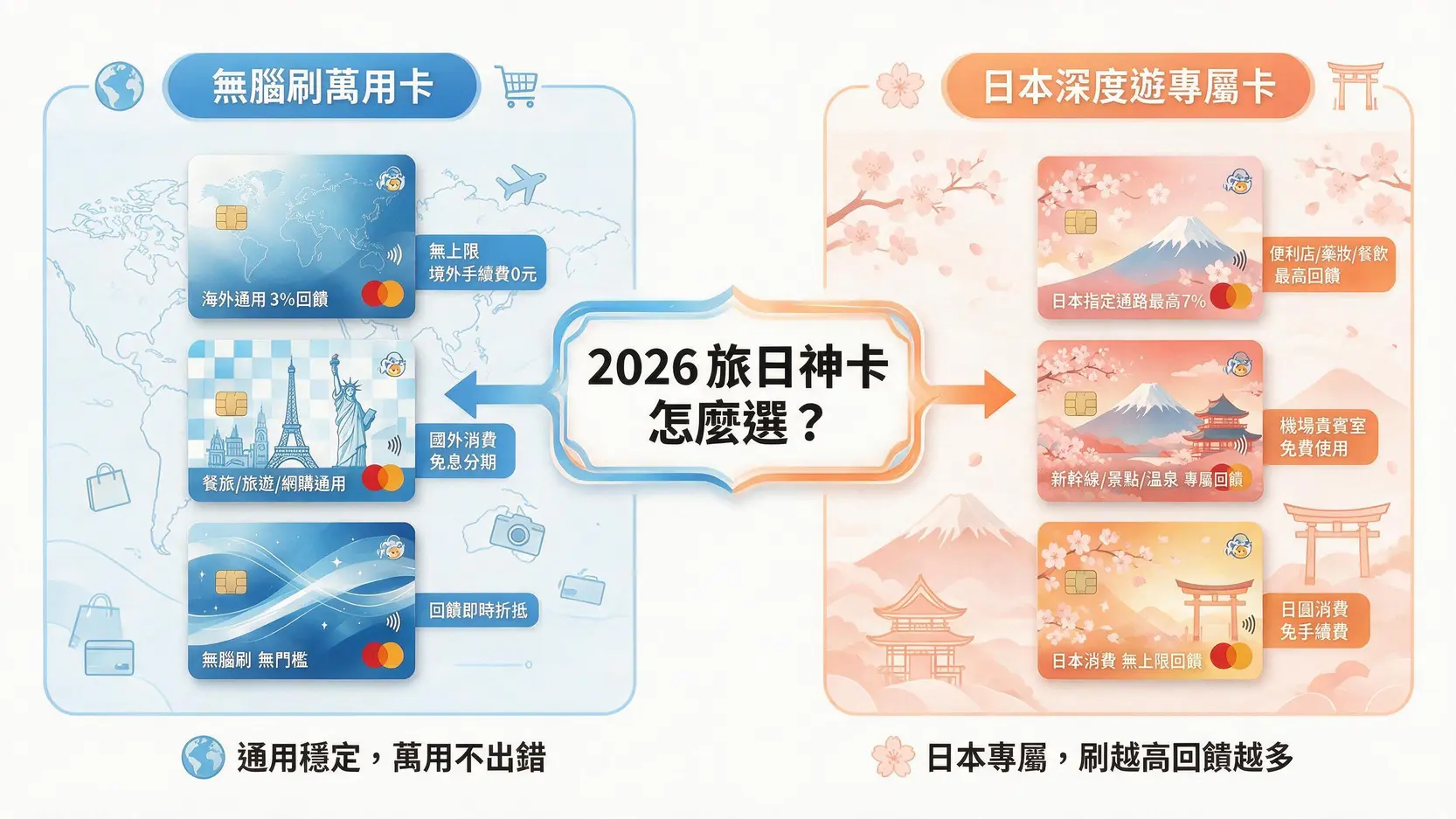 【2026出國信用卡推薦】海外刷卡用哪張?日本旅遊高回饋神卡懶人包 一張圖比較兩種旅日信用卡的類型:無腦刷高回饋卡與日本專屬加碼卡,幫助使用者根據需求選擇。