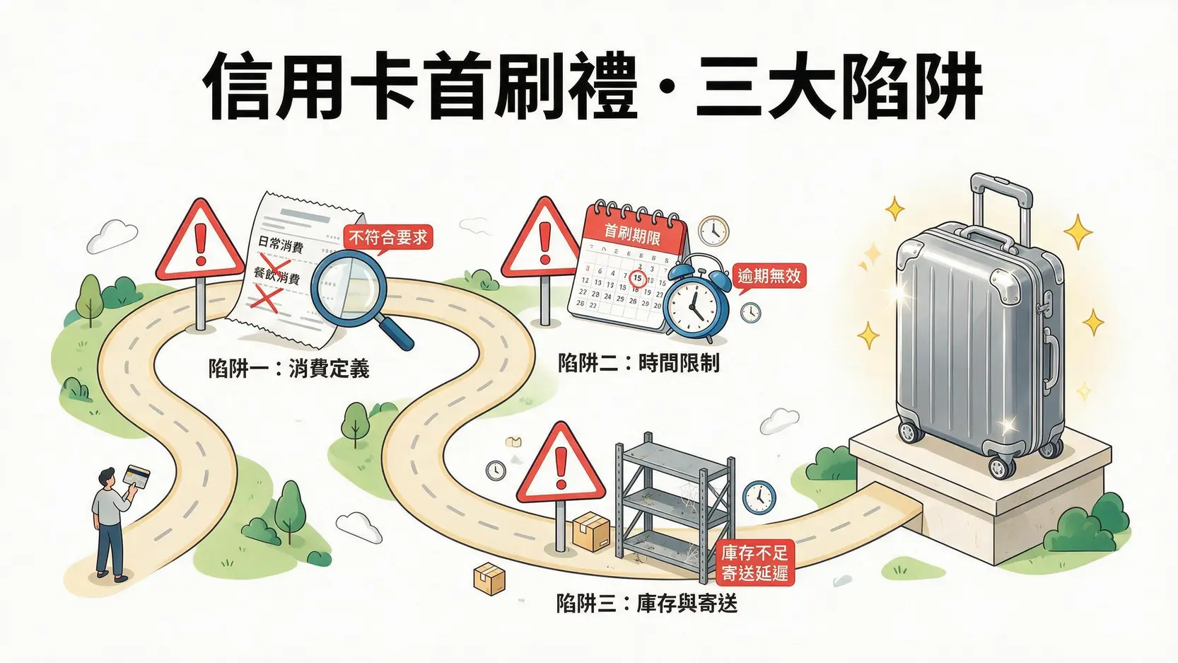 【2026下半年】辦哪張信用卡送行李箱?最新8家銀行首刷禮懶人包 信用卡首刷禮行李箱的三大陷阱示意圖:包含消費定義、時間限制與庫存問題。